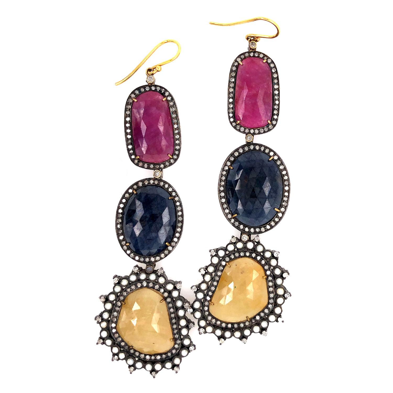 Mixed Cut Three Tier Multi Sapphire Earring With Pave Diamond & Pearl In 18k Gold & Silver For Sale