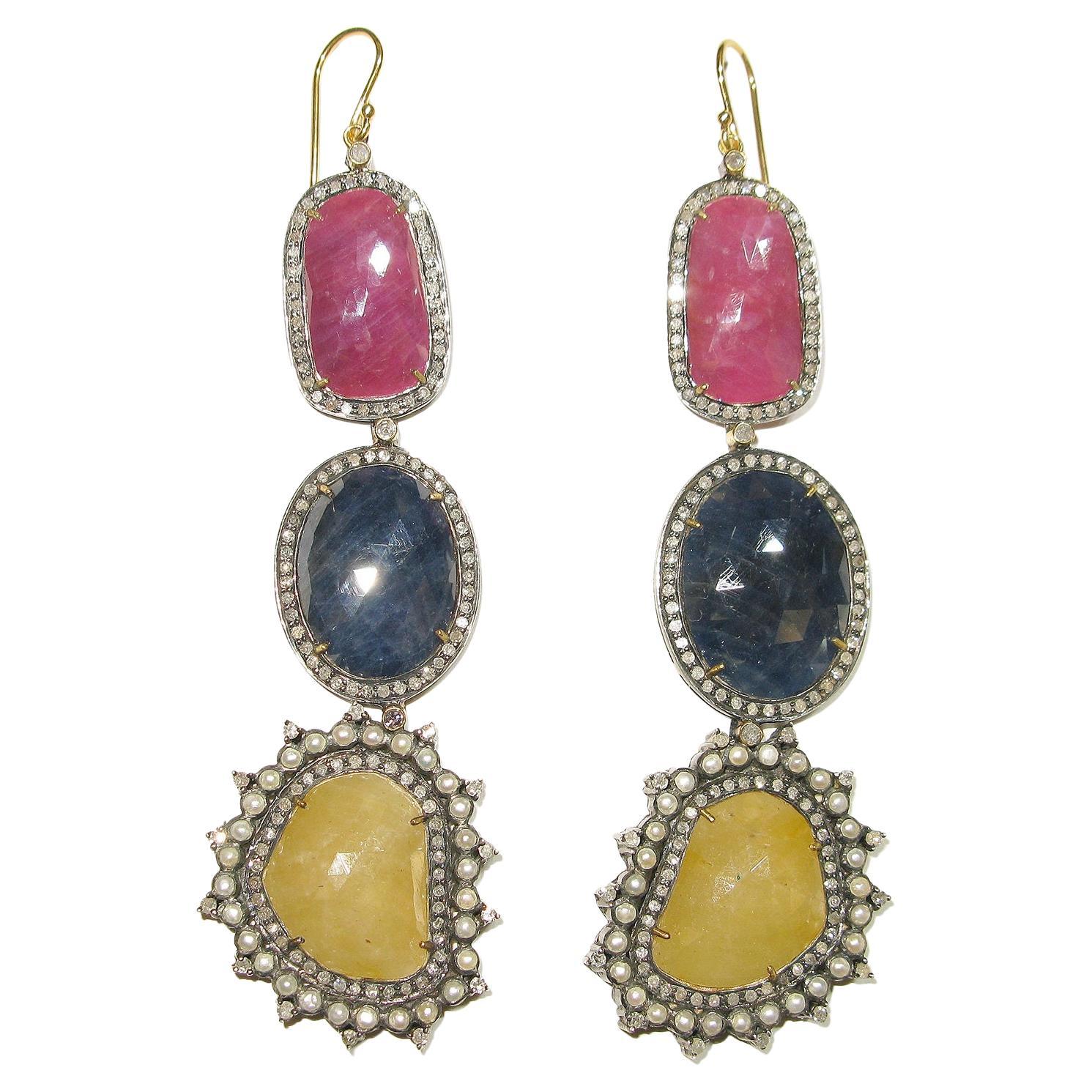 Three Tier Multi Sapphire Earring With Pave Diamond & Pearl In 18k Gold & Silver For Sale