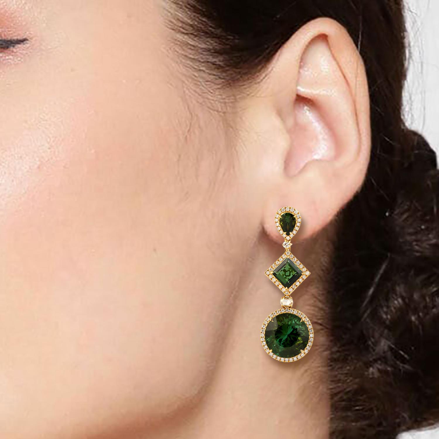 Contemporary Three Tier Multi Shaped Green Tourmaline Earrings With Diamonds In 18k Gold For Sale