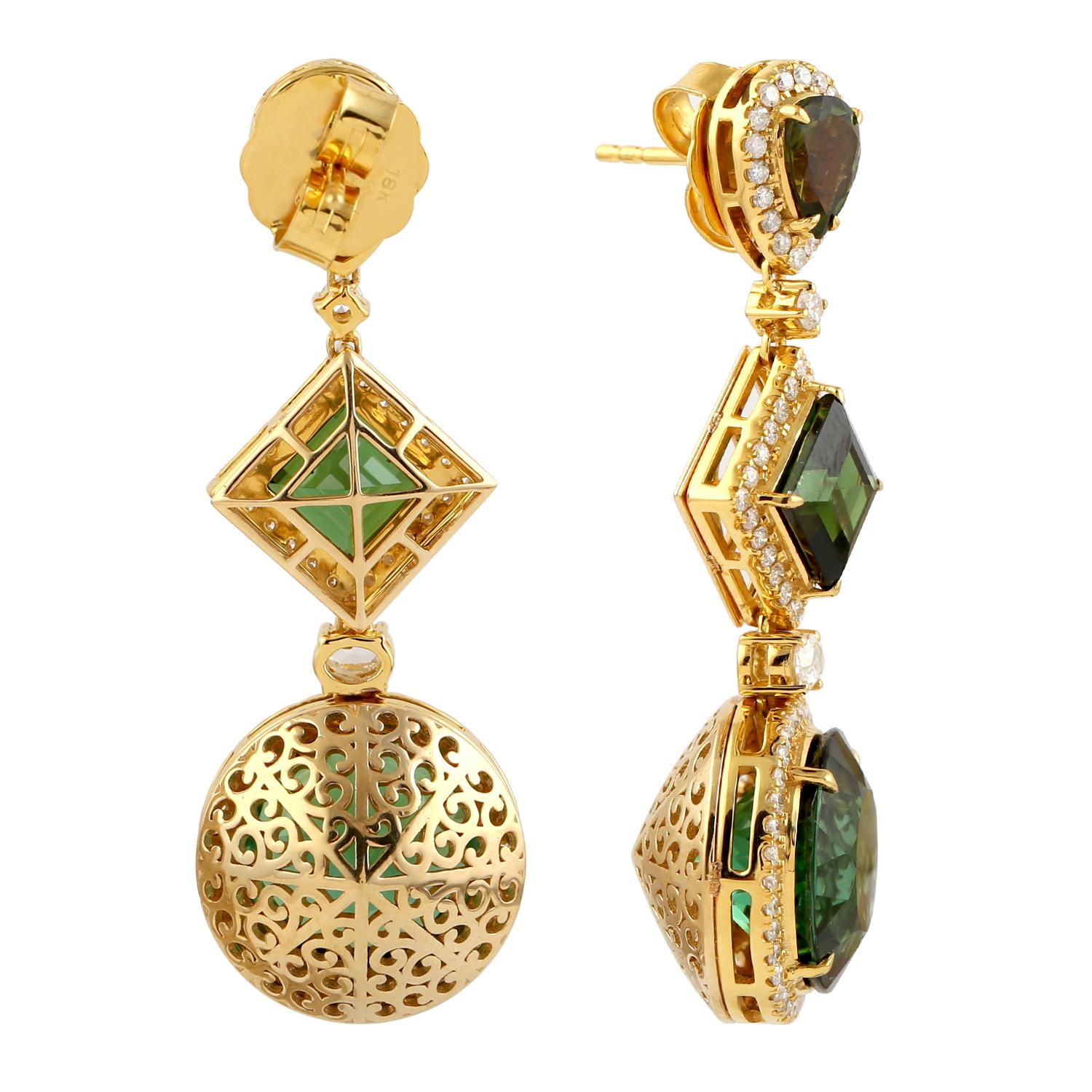 Mixed Cut Three Tier Multi Shaped Green Tourmaline Earrings With Diamonds In 18k Gold For Sale