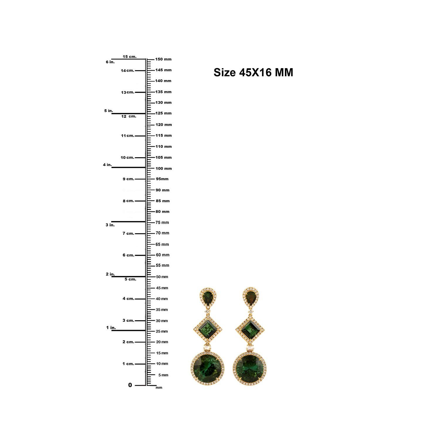 Three Tier Multi Shaped Green Tourmaline Earrings With Diamonds In 18k Gold In New Condition For Sale In New York, NY