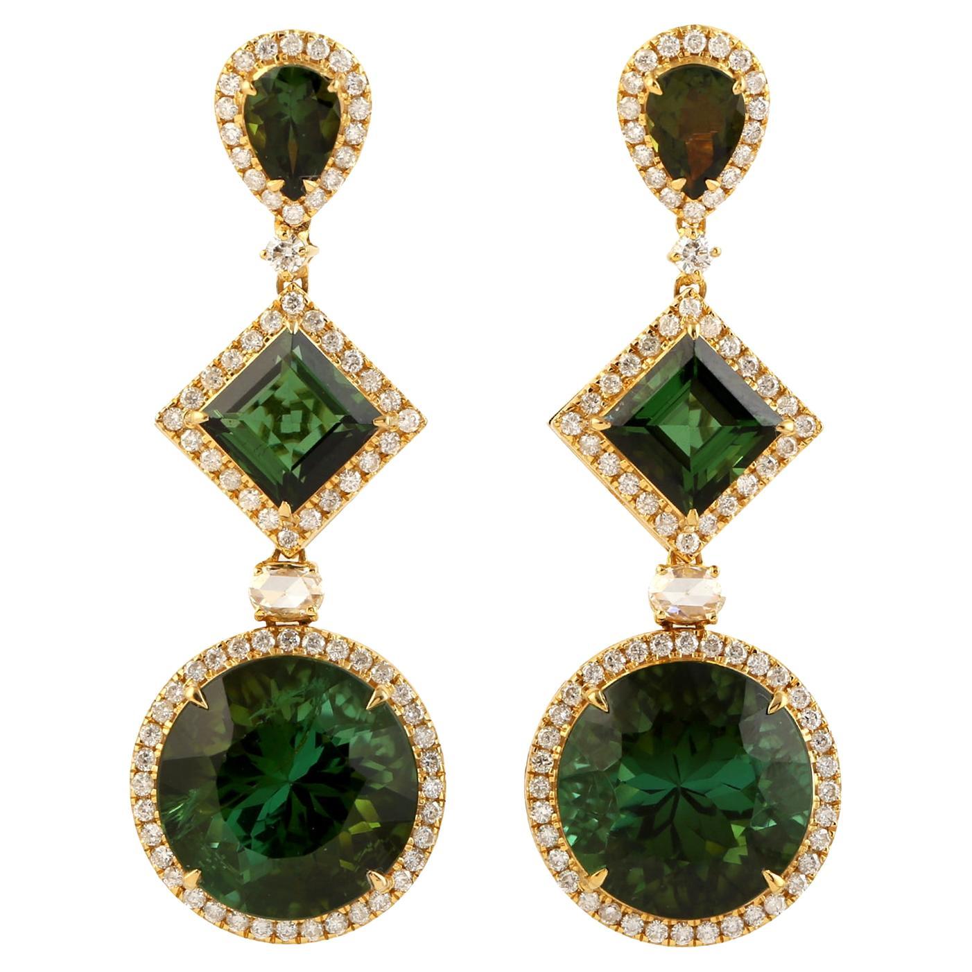Three Tier Multi Shaped Green Tourmaline Earrings With Diamonds In 18k Gold For Sale