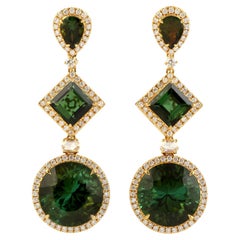 Three Tier Multi Shaped Green Tourmaline Earrings With Diamonds In 18k Gold