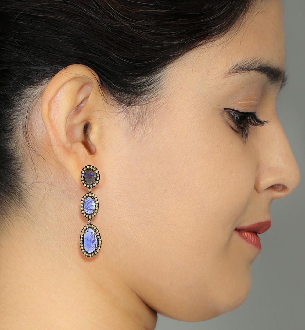 Artisan Three Tier Multi Shaped Tanzanite Earring With Yellow Sapphire & Diamonds For Sale