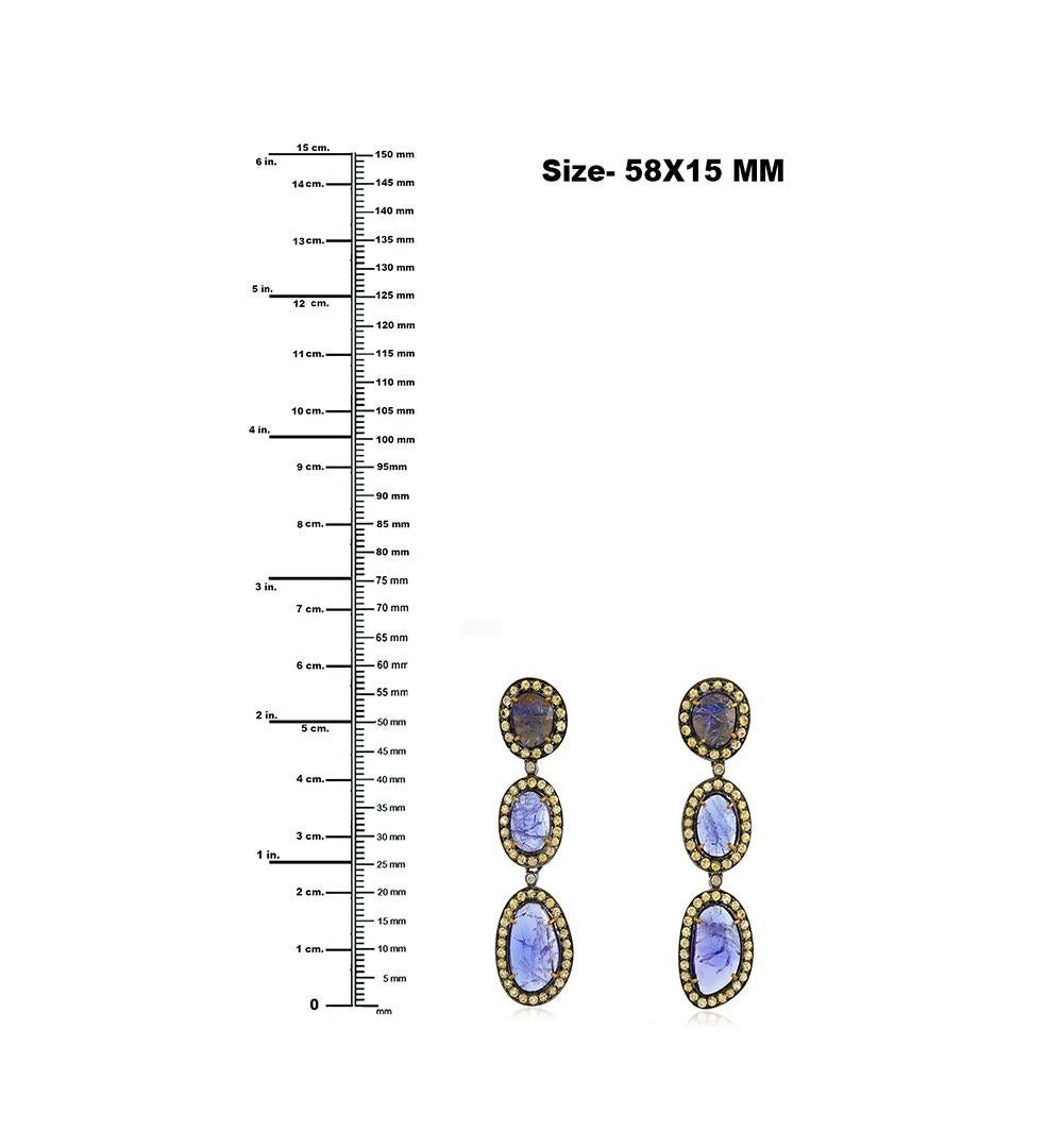 Mixed Cut Three Tier Multi Shaped Tanzanite Earring With Yellow Sapphire & Diamonds For Sale
