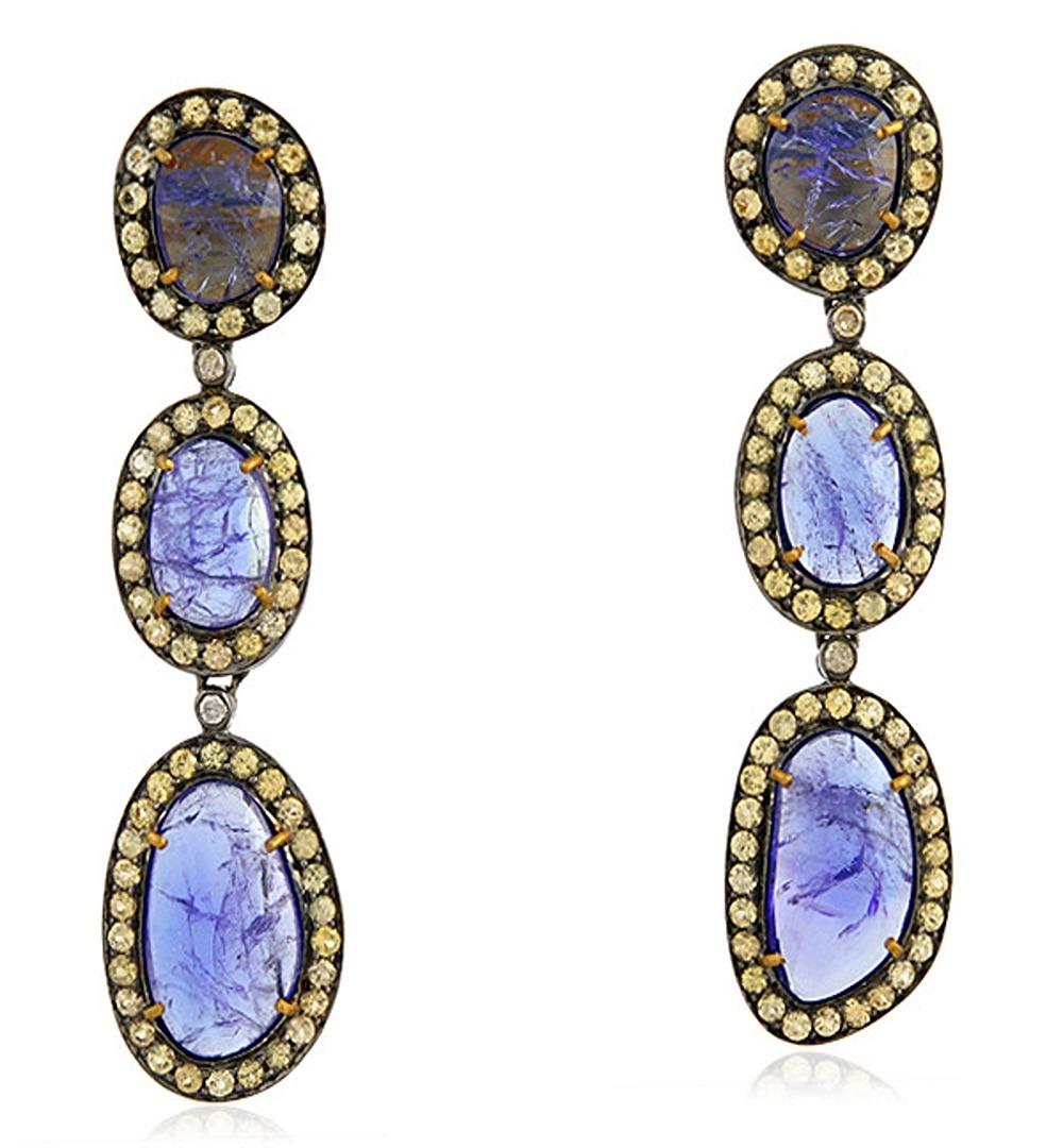 Three Tier Multi Shaped Tanzanite Earring With Yellow Sapphire & Diamonds In New Condition For Sale In New York, NY