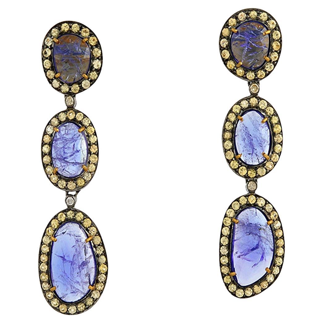 Three Tier Multi Shaped Tanzanite Earring With Yellow Sapphire & Diamonds