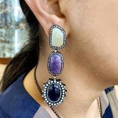 Three Tier Multi Sapphire Earring with Pave Diamonds& Pearl in 18k Gold & Silver