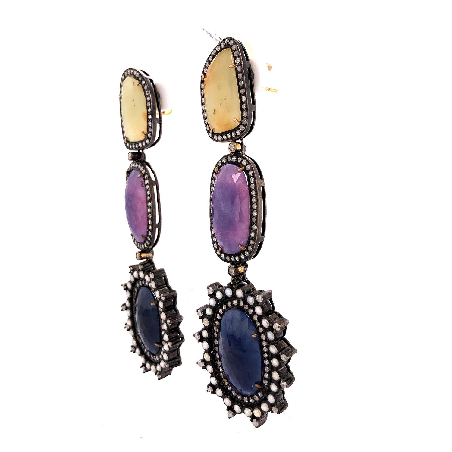 Contemporary Three Tier Multi Sapphire Earring with Pave Diamonds& Pearl in 18k Gold & Silver For Sale