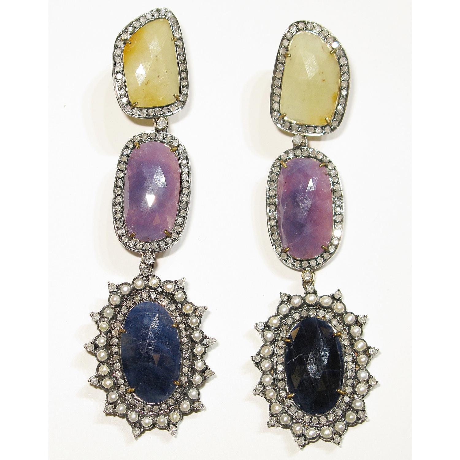 Three Tier Multi Sapphire Earring with Pave Diamonds& Pearl in 18k Gold & Silver In New Condition For Sale In New York, NY