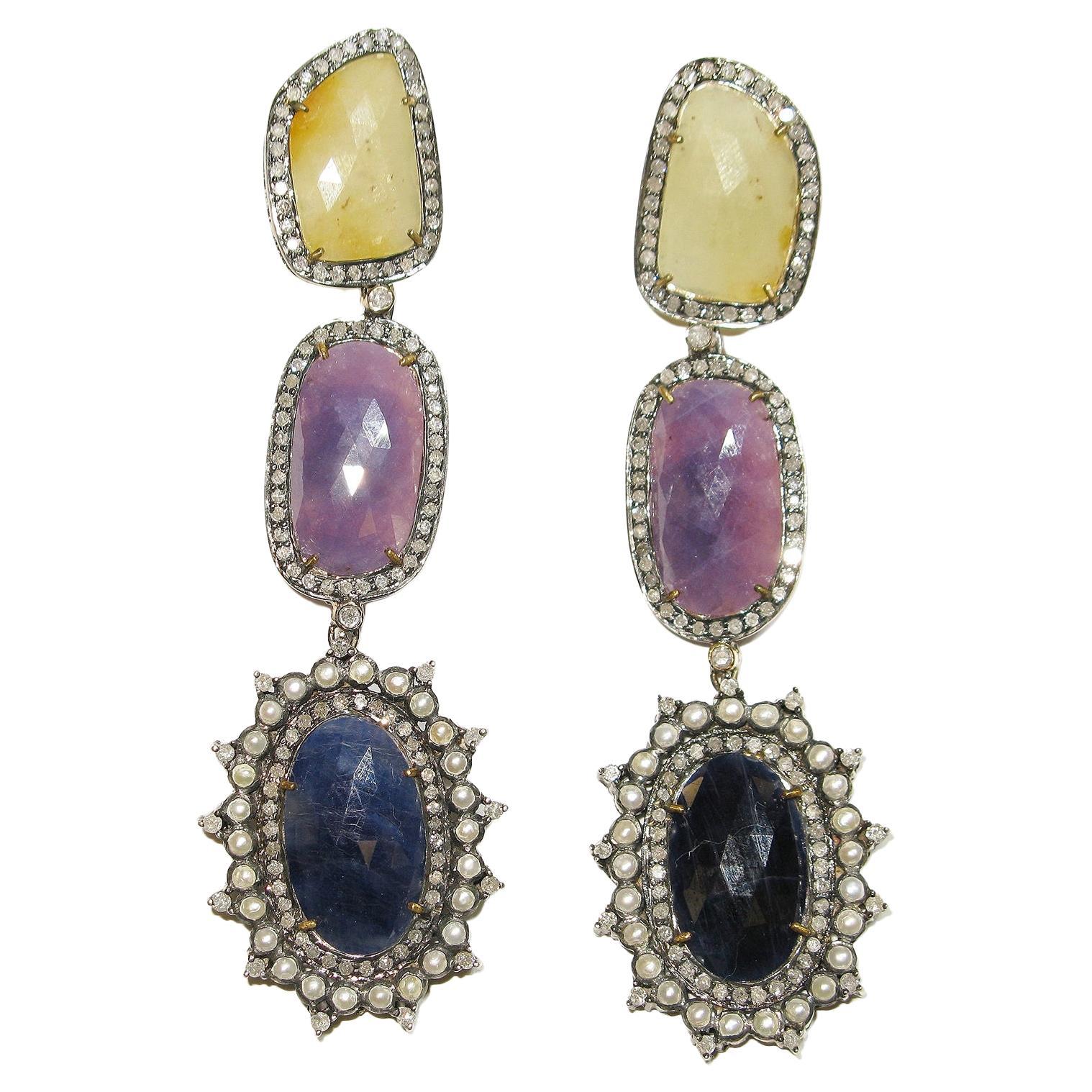 Three Tier Multi Sapphire Earring with Pave Diamonds& Pearl in 18k Gold & Silver For Sale