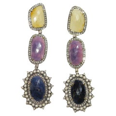 Three Tier Multi Sapphire Earring with Pave Diamonds& Pearl in 18k Gold & Silver
