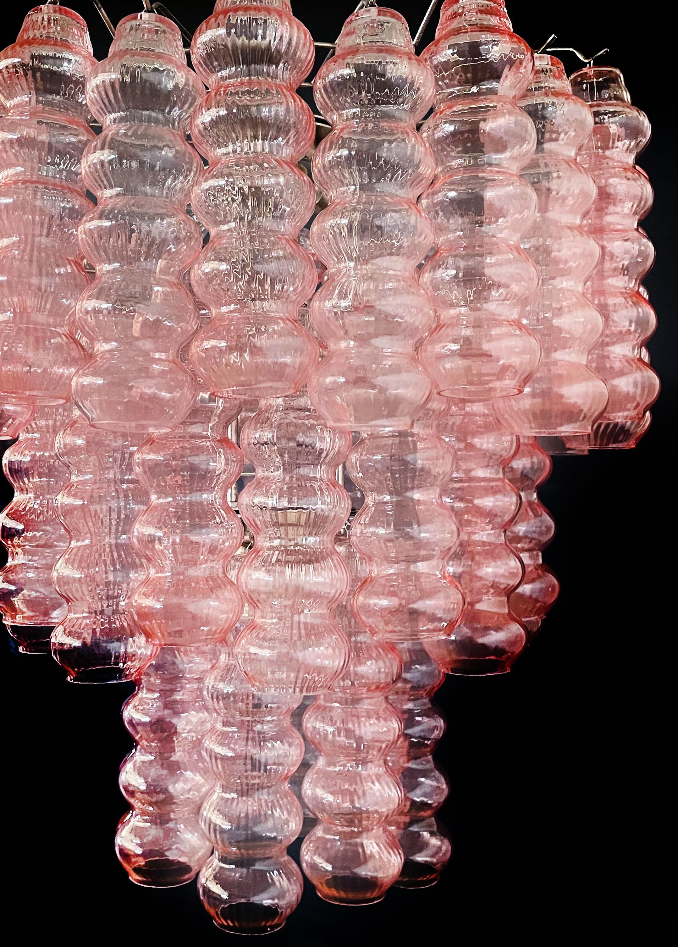 Three-Tier Murano Glass Tube Chandelier, 48 Pink Glasses For Sale 2