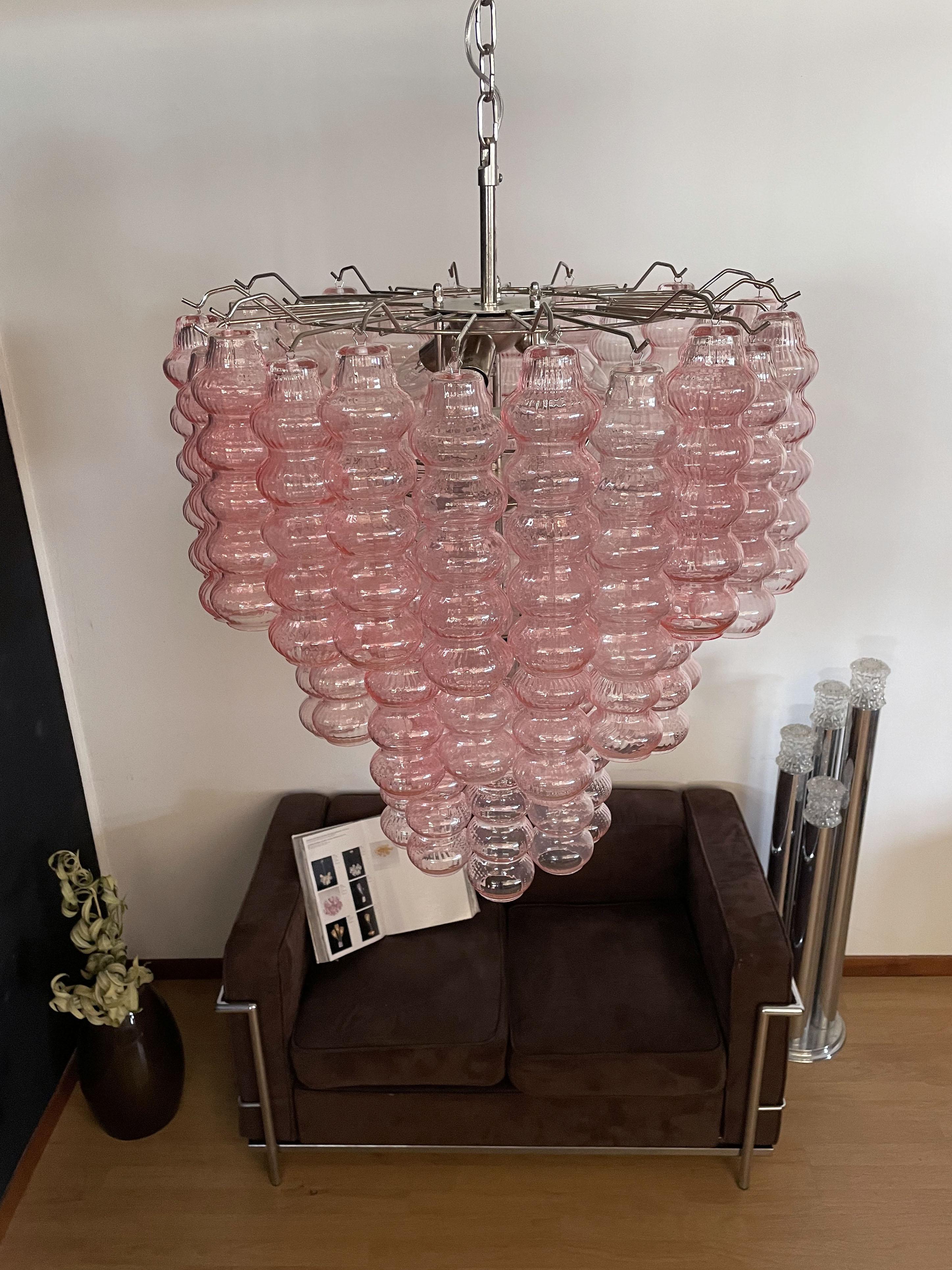 Three-Tier Murano Glass Tube Chandelier, 48 Pink Glasses For Sale 2