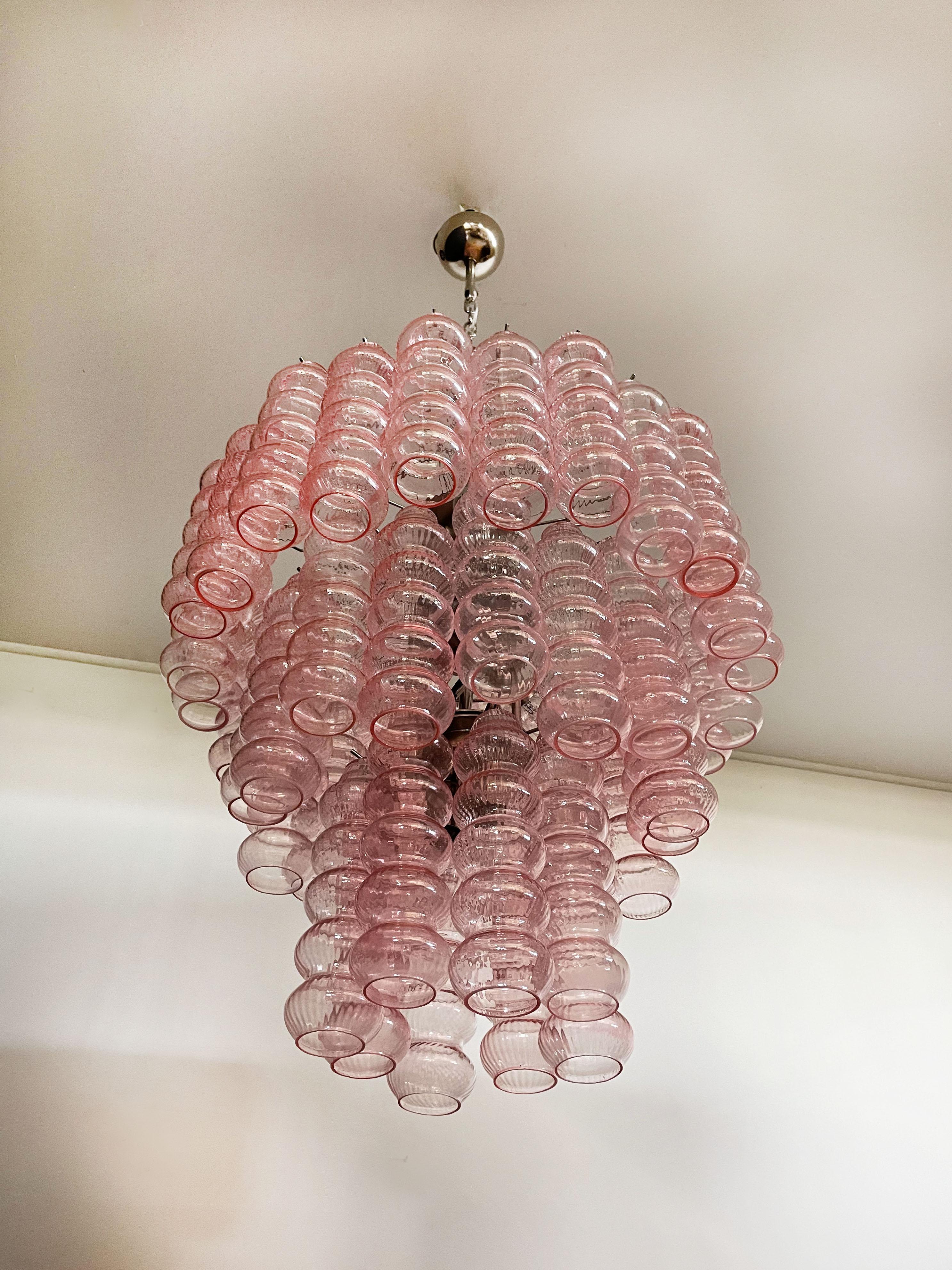 Three-Tier Murano Glass Tube Chandelier, 48 Pink Glasses For Sale 3