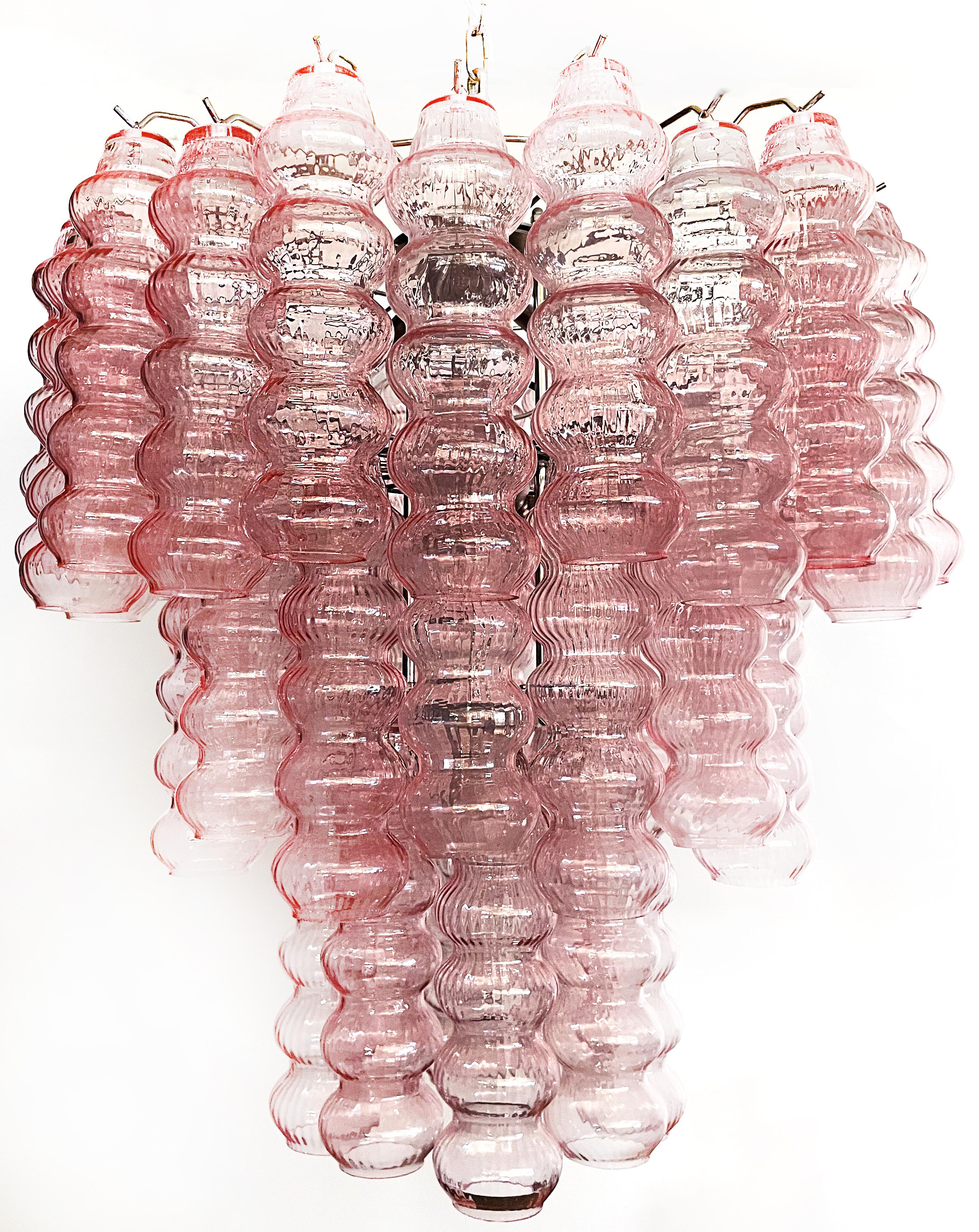 Three-Tier Murano Glass Tube Chandelier, 48 Pink Glasses For Sale 5