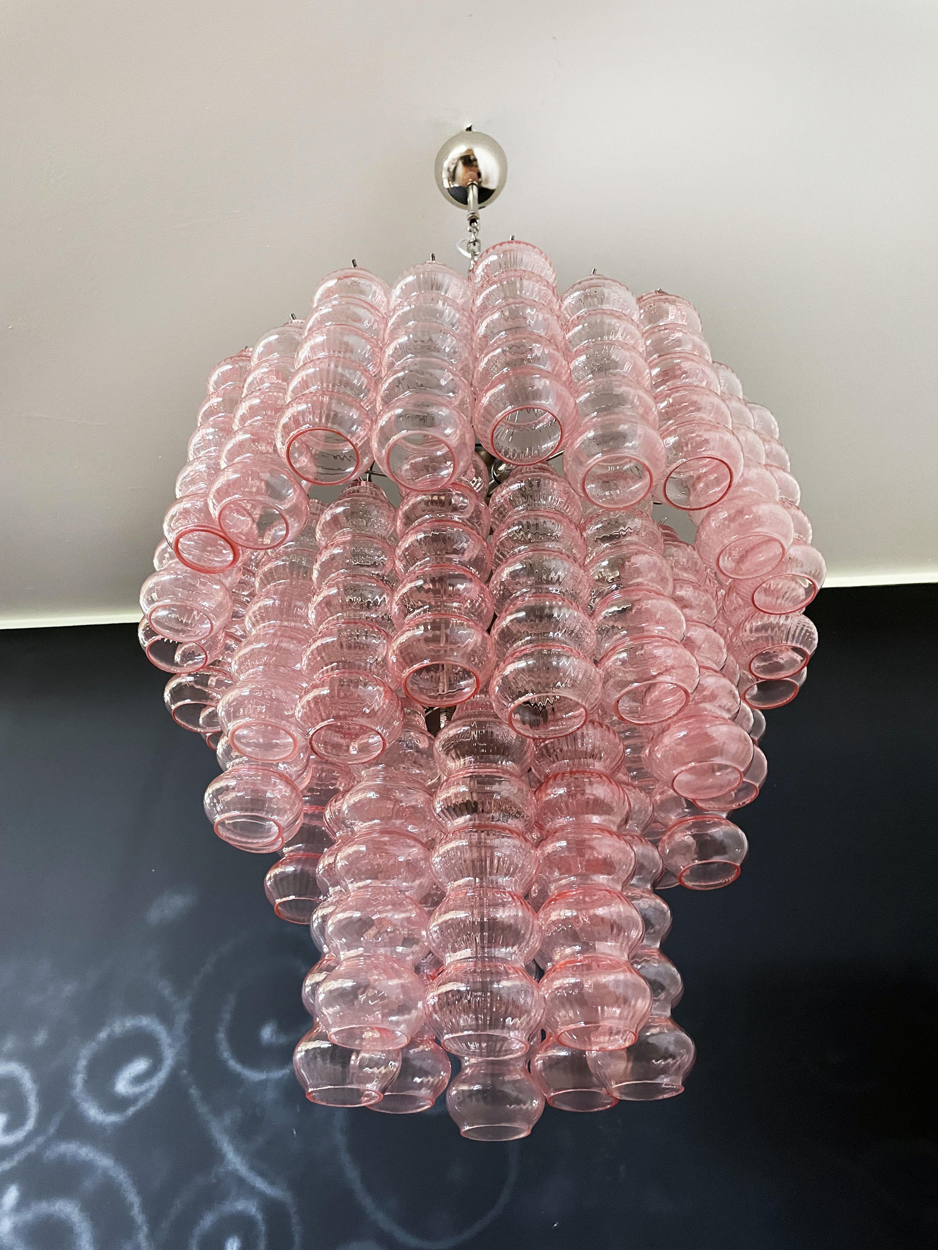 Three-Tier Murano Glass Tube Chandelier, 48 Pink Glasses For Sale 5