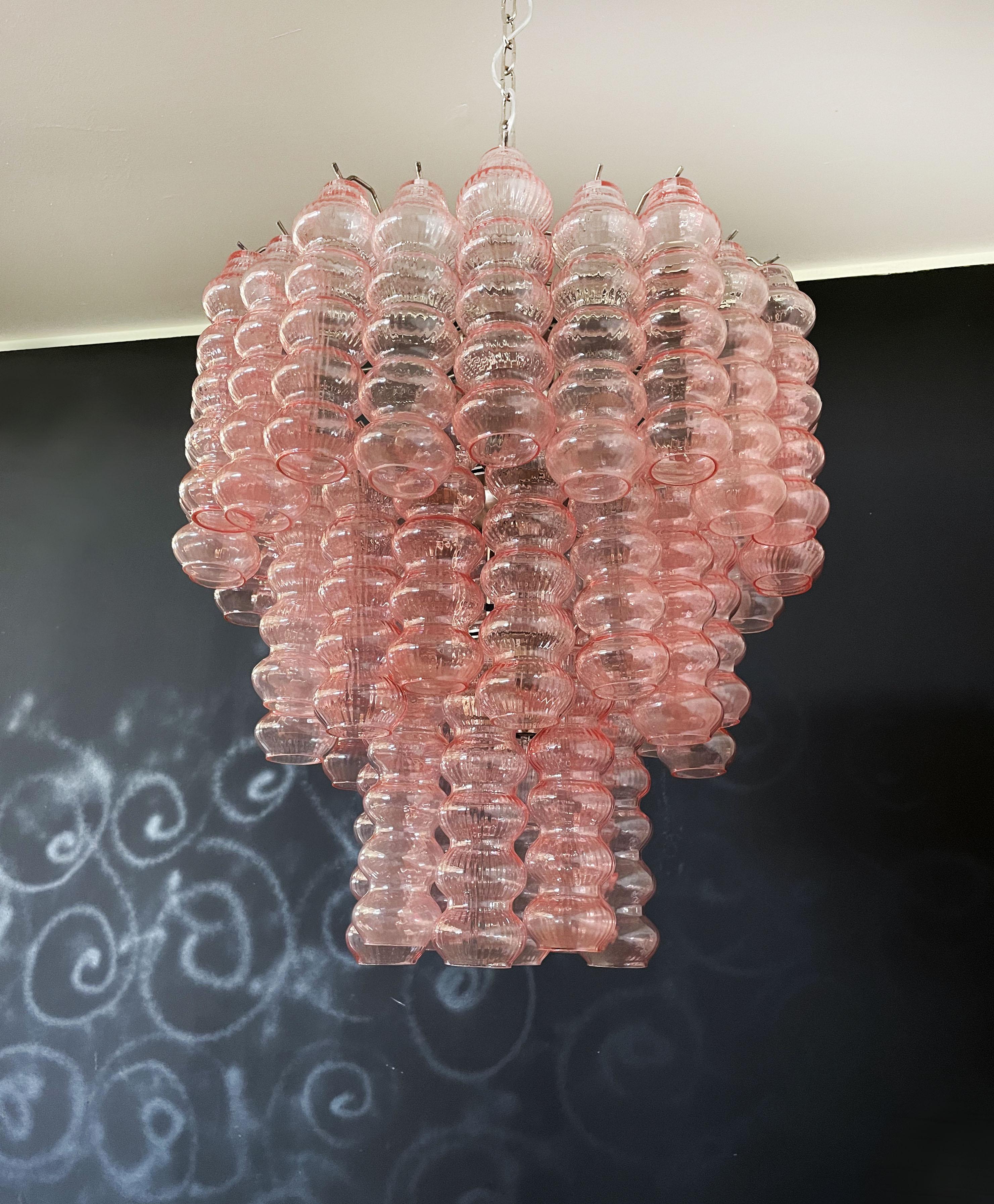 Three-Tier Murano Glass Tube Chandelier, 48 Pink Glasses For Sale 6