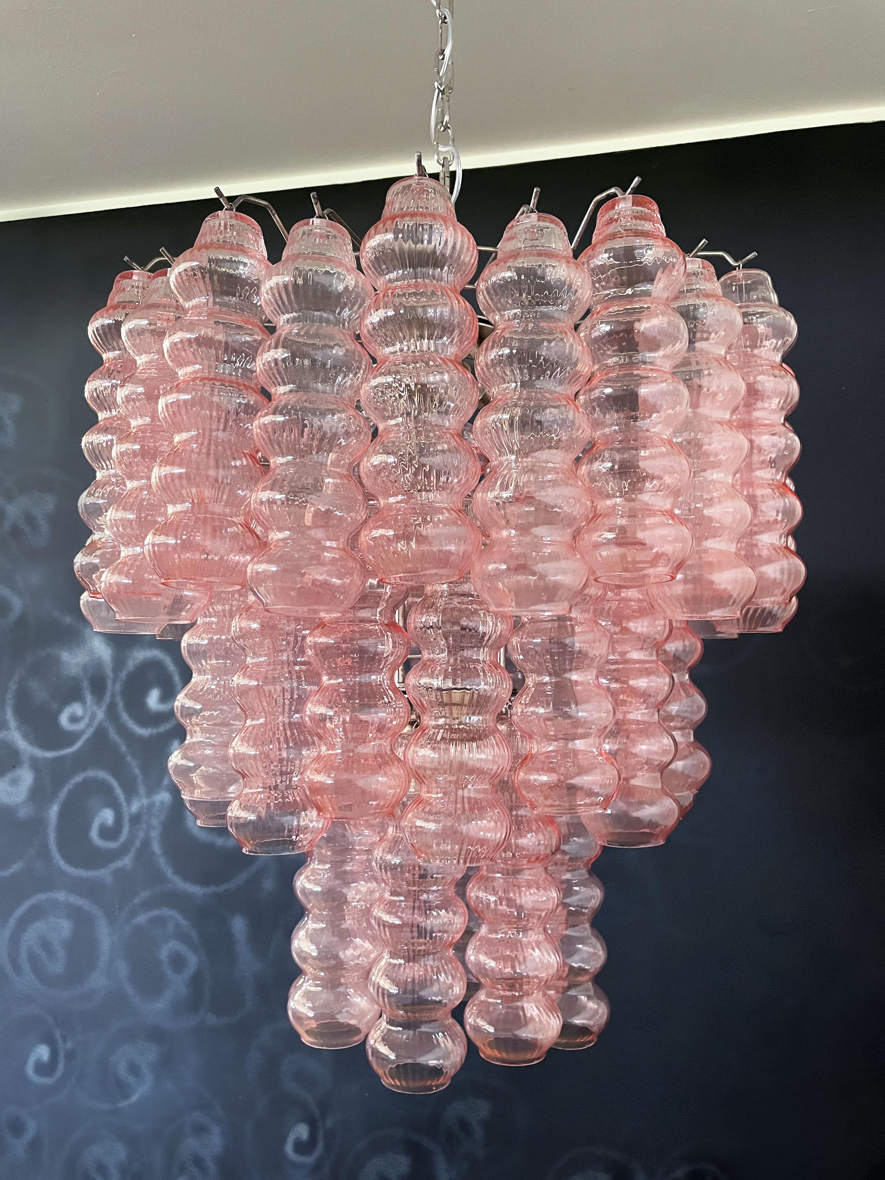 Three-Tier Murano Glass Tube Chandelier, 48 Pink Glasses For Sale 7