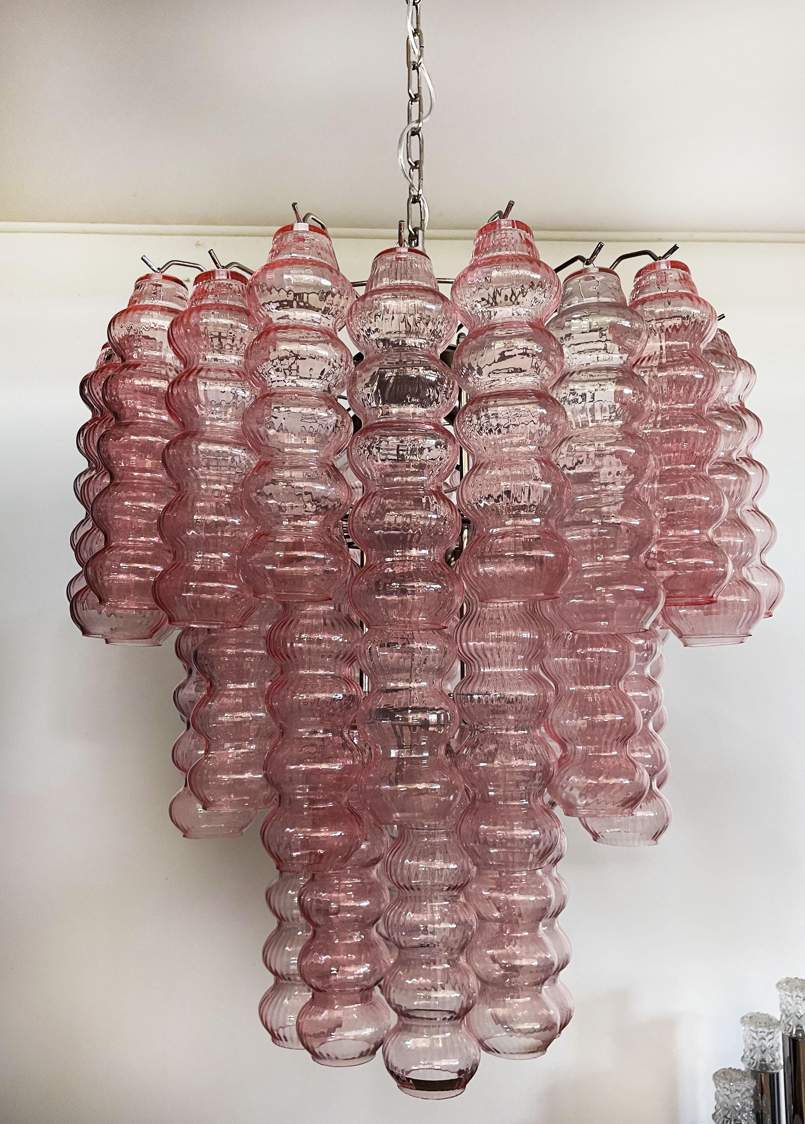 Three-Tier Murano Glass Tube Chandelier, 48 Pink Glasses For Sale 8