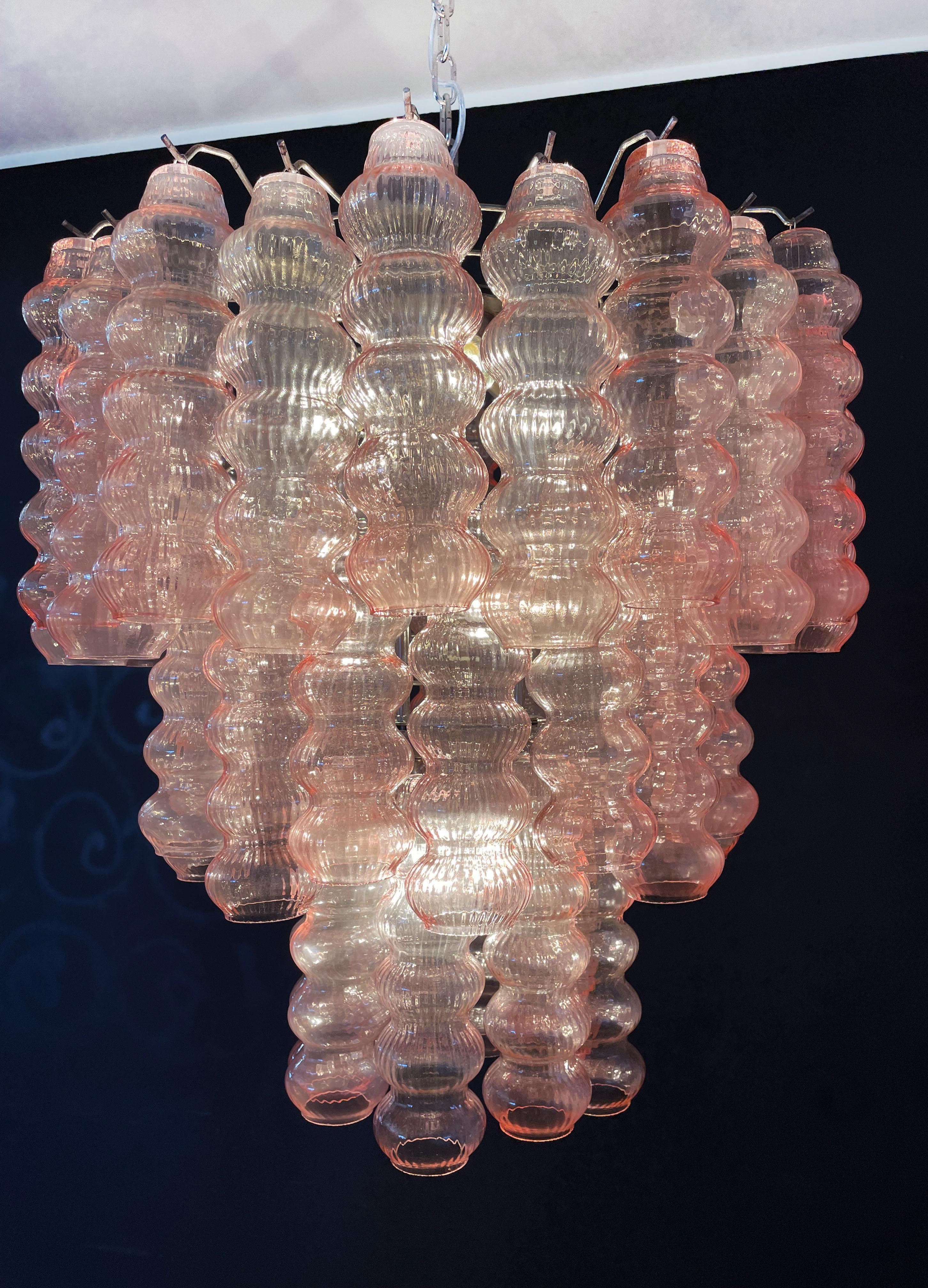 20th Century Three-Tier Murano Glass Tube Chandelier, 48 Pink Glasses For Sale