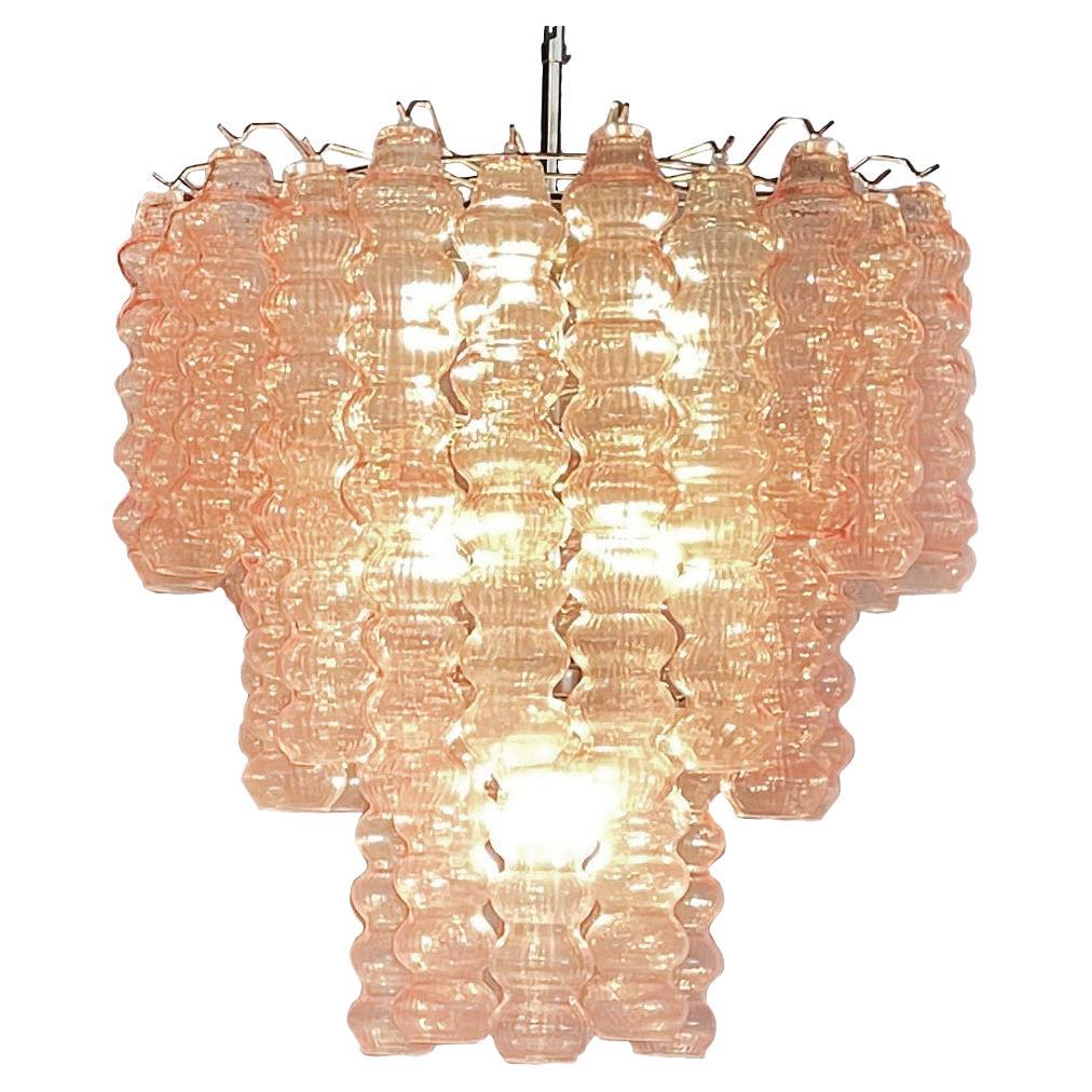 Three-Tier Murano Glass Tube Chandelier, 48 Pink Glasses For Sale