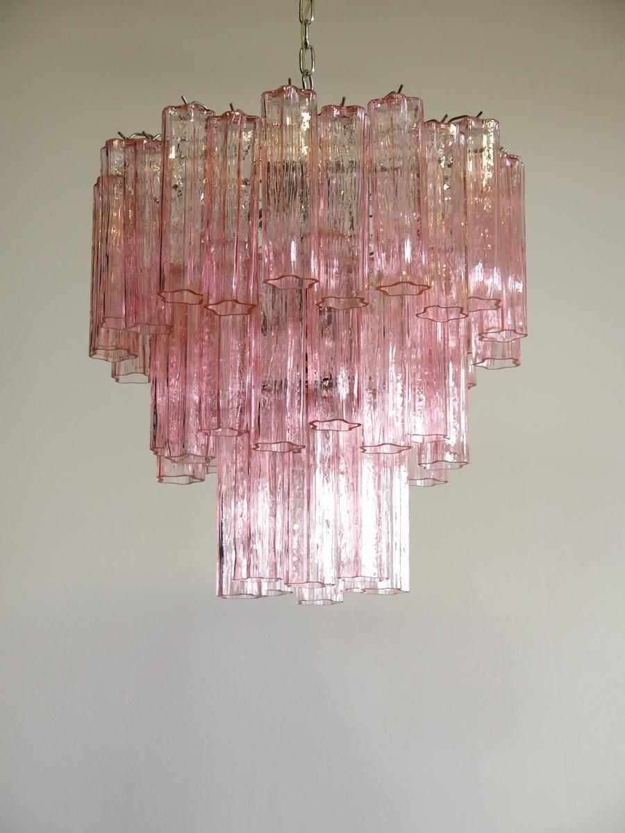 Three Tier Murano Glass Tube Chandelier 48 Pink Glasses, Mid Three Tier Murano Glass Tube Chandelier 48 Pink Glasses, Mid