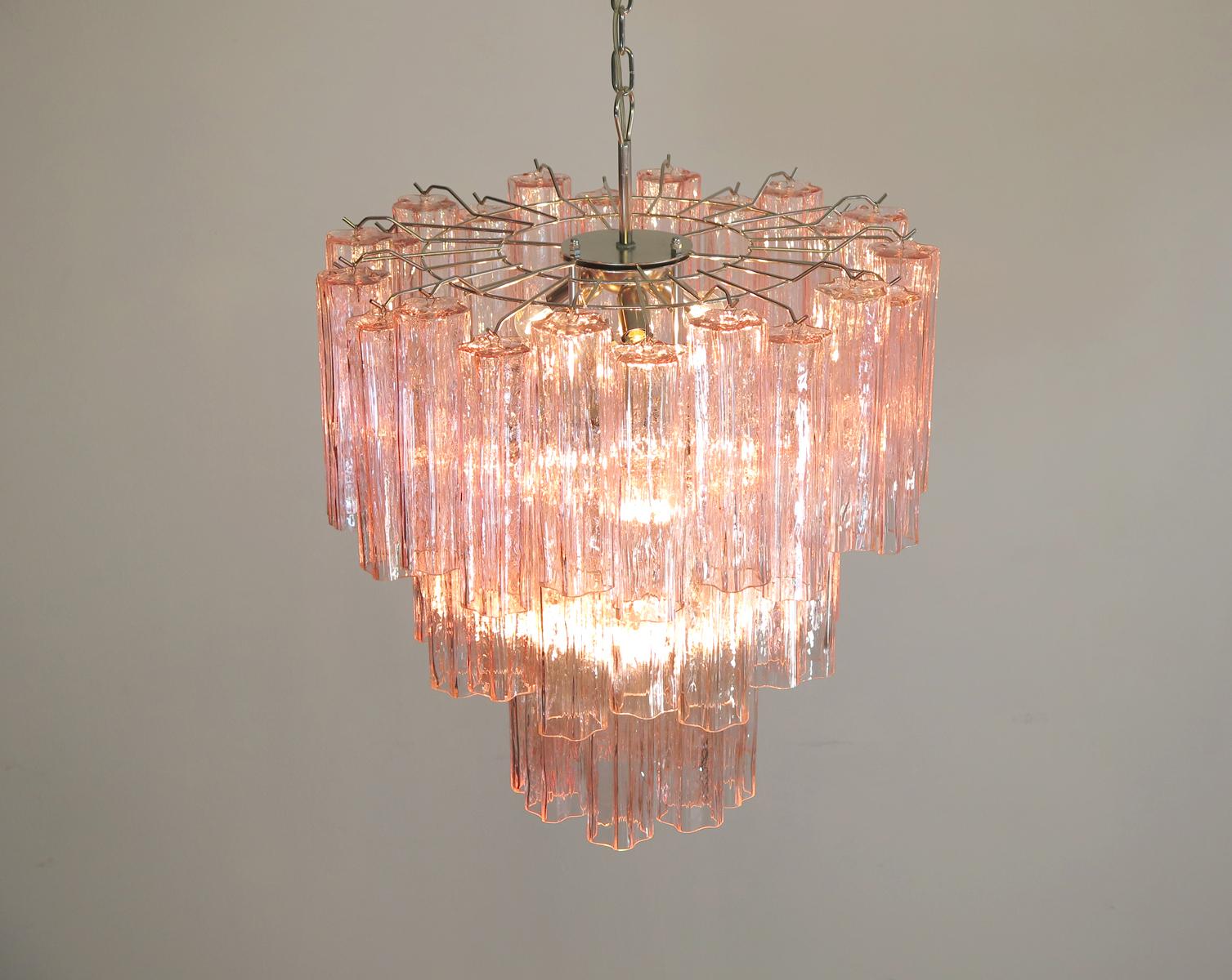 ThreeTier Murano Glass Tube Chandelier 48 Pink Glasses, MidCentury