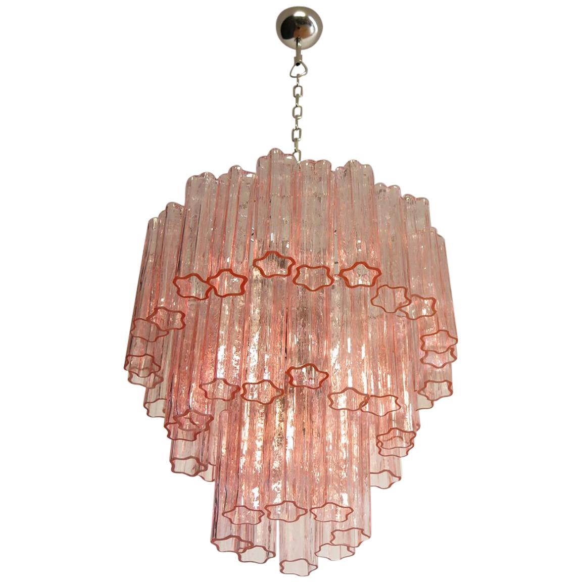 Three-Tier Murano Glass Tube Chandelier 48 Pink Glasses, Mid-Century Modern
