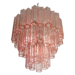 Three-Tier Murano Glass Tube Chandelier, 48 Pink Glasses, Mid-Century Modern