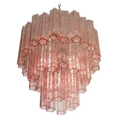 Three-Tier Murano Glass Tube Chandelier, 48 Pink Glasses, Mid-Century Modern