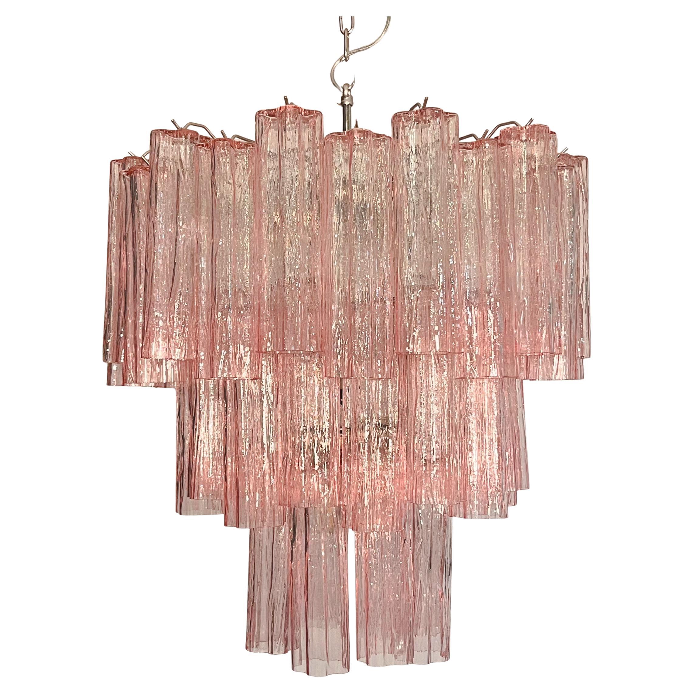 Lámpara de tubo de cristal de Murano de tres niveles - 48 VIDRIOS ROSA - Moderna de mediados de siglo