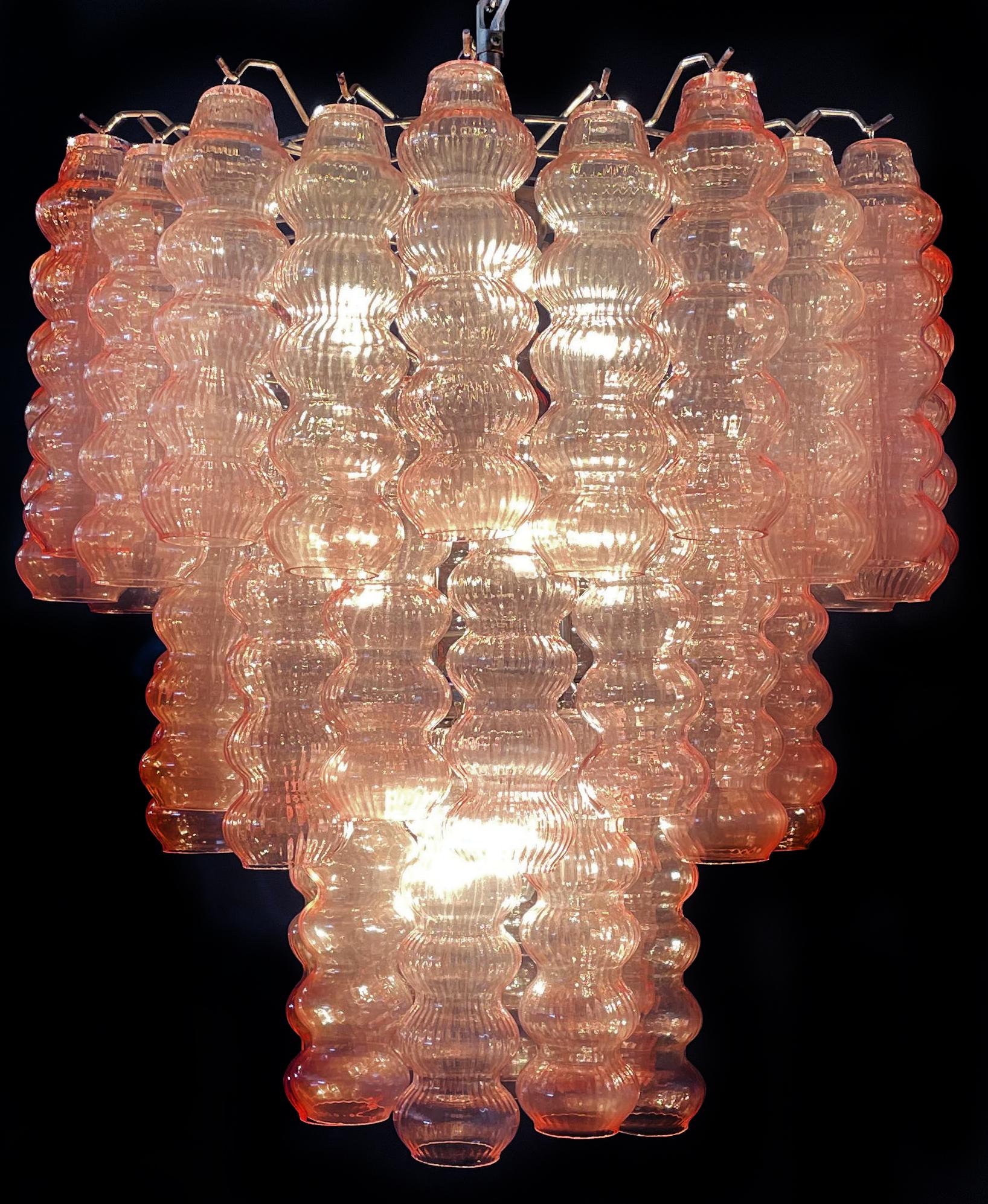 Three-Tier Murano Glass Tube Chandeliers, 48 Pink Glasses For Sale 5