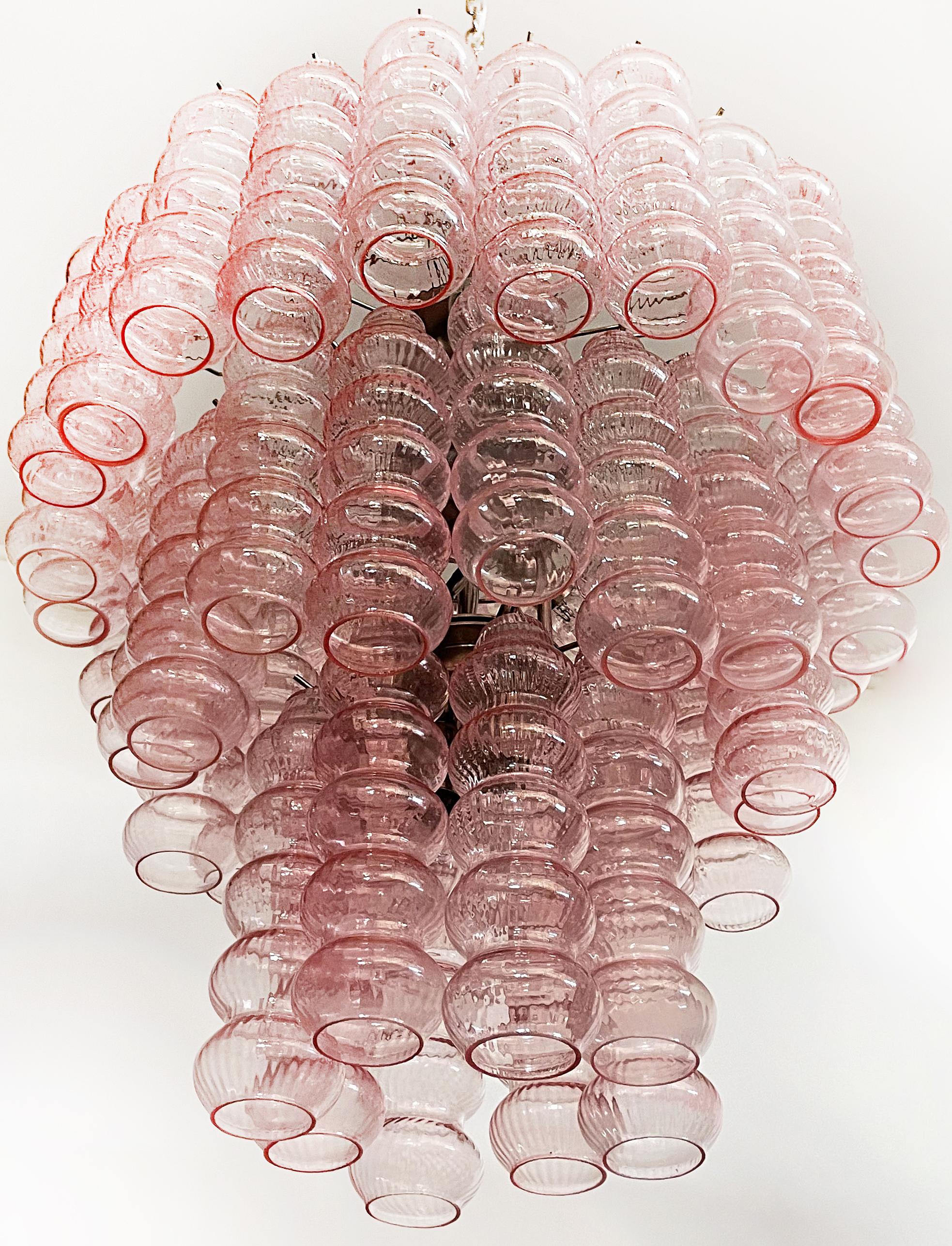 Mid-Century Modern Three-Tier Murano Glass Tube Chandeliers, 48 Pink Glasses For Sale