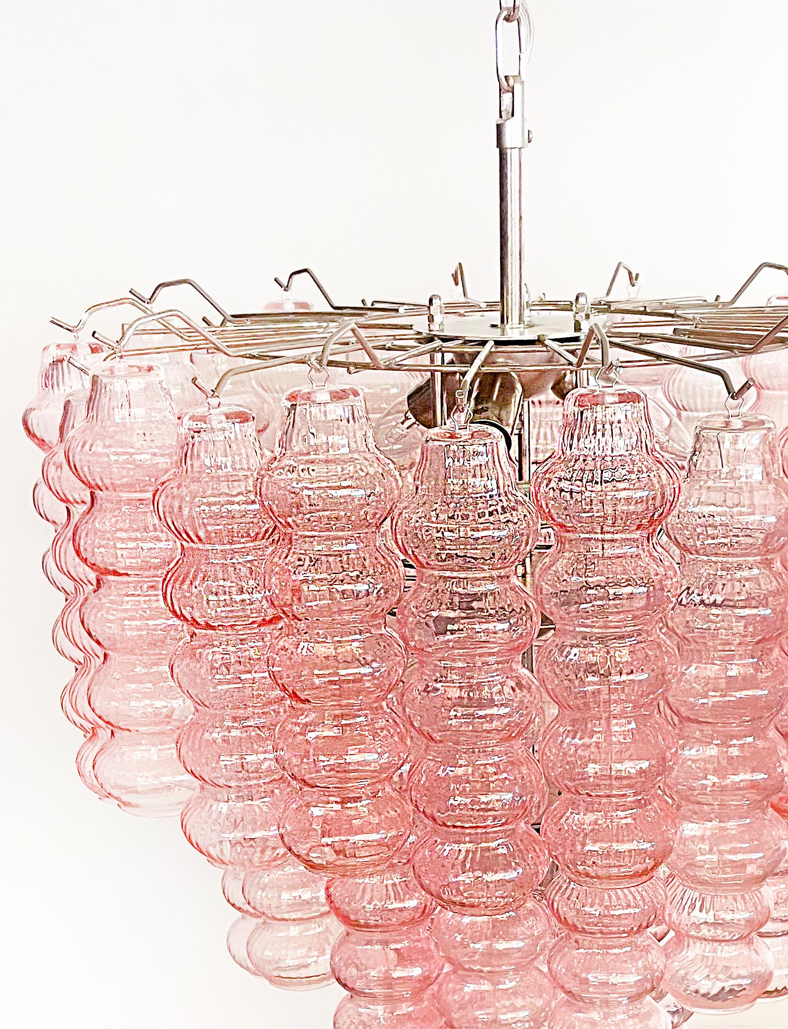 Italian Three-Tier Murano Glass Tube Chandeliers, 48 Pink Glasses For Sale