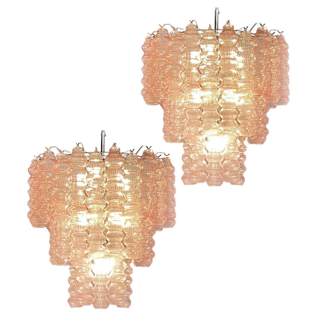 Three-Tier Murano Glass Tube Chandeliers, 48 Pink Glasses For Sale