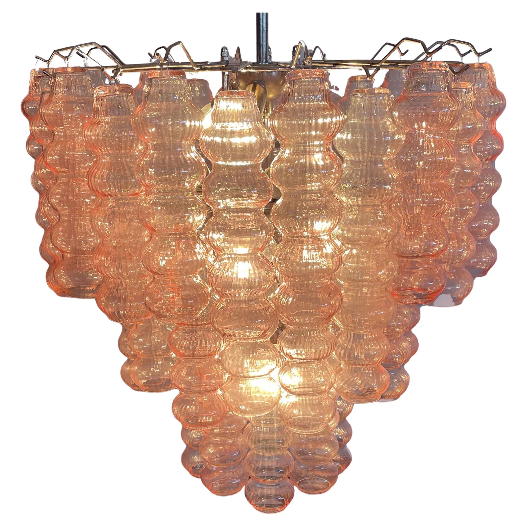 Italian Three-Tier Murano Glass Tube Chandeliers, 48 Pink Glasses For Sale