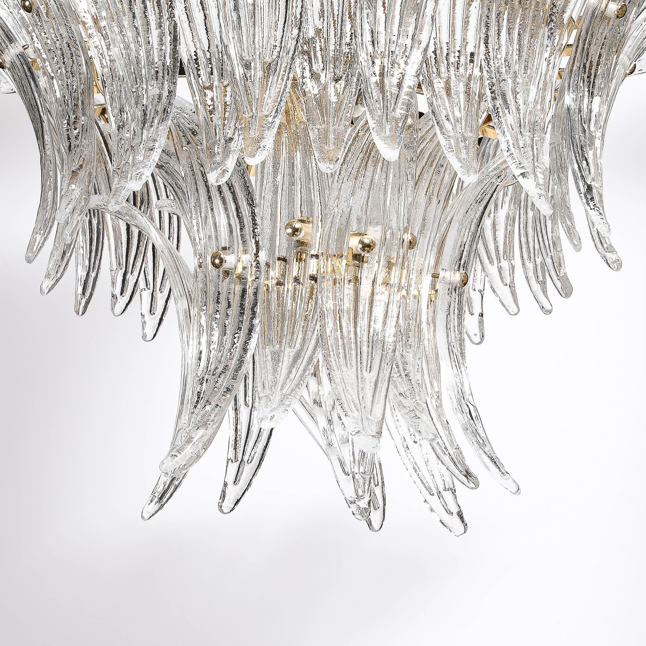 Lampadario Palma a tre piani in vetro di Murano trasparente soffiato a mano e finiture in ottone in vendita 3