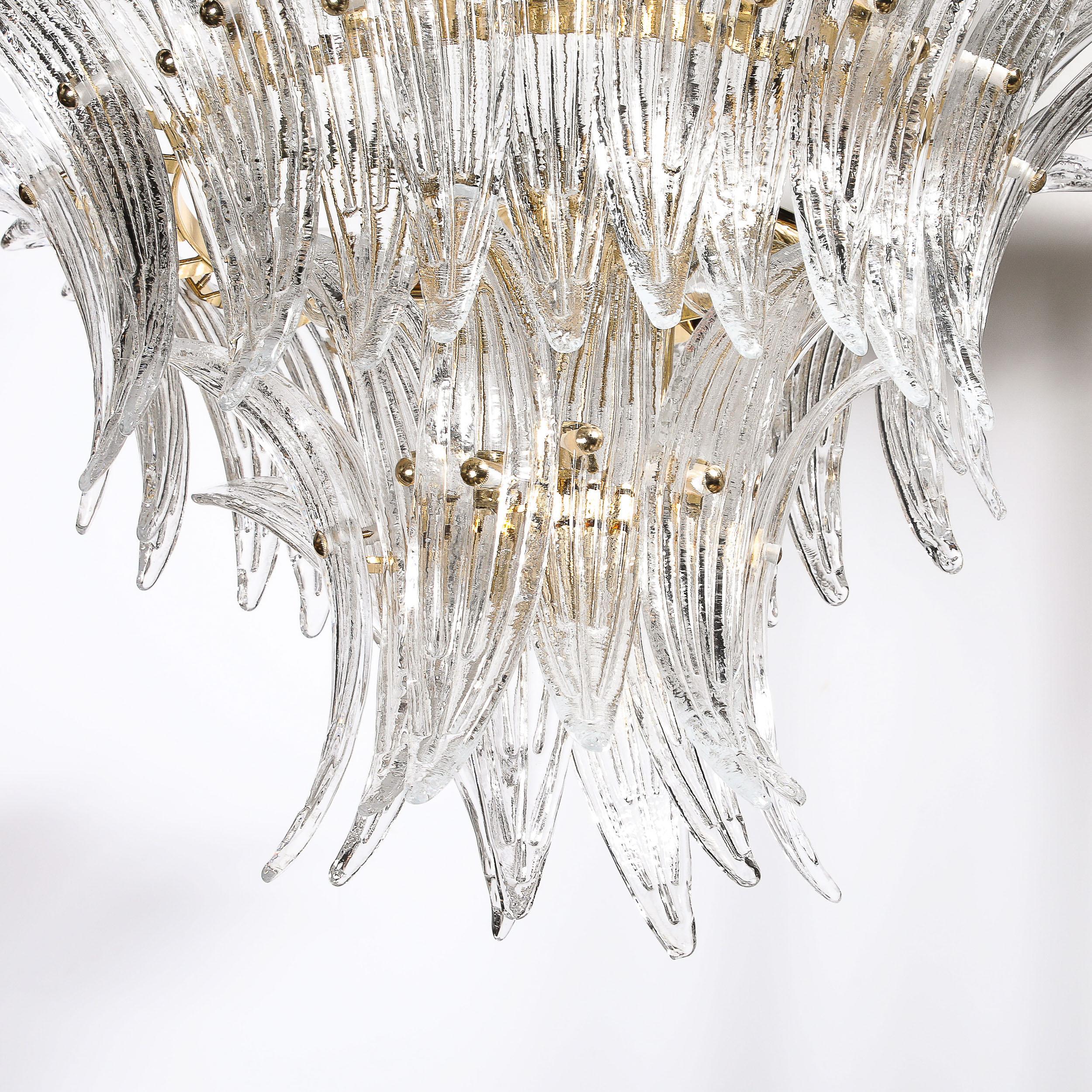 Lampadario Palma a tre piani in vetro di Murano trasparente soffiato a mano e finiture in ottone in vendita 5