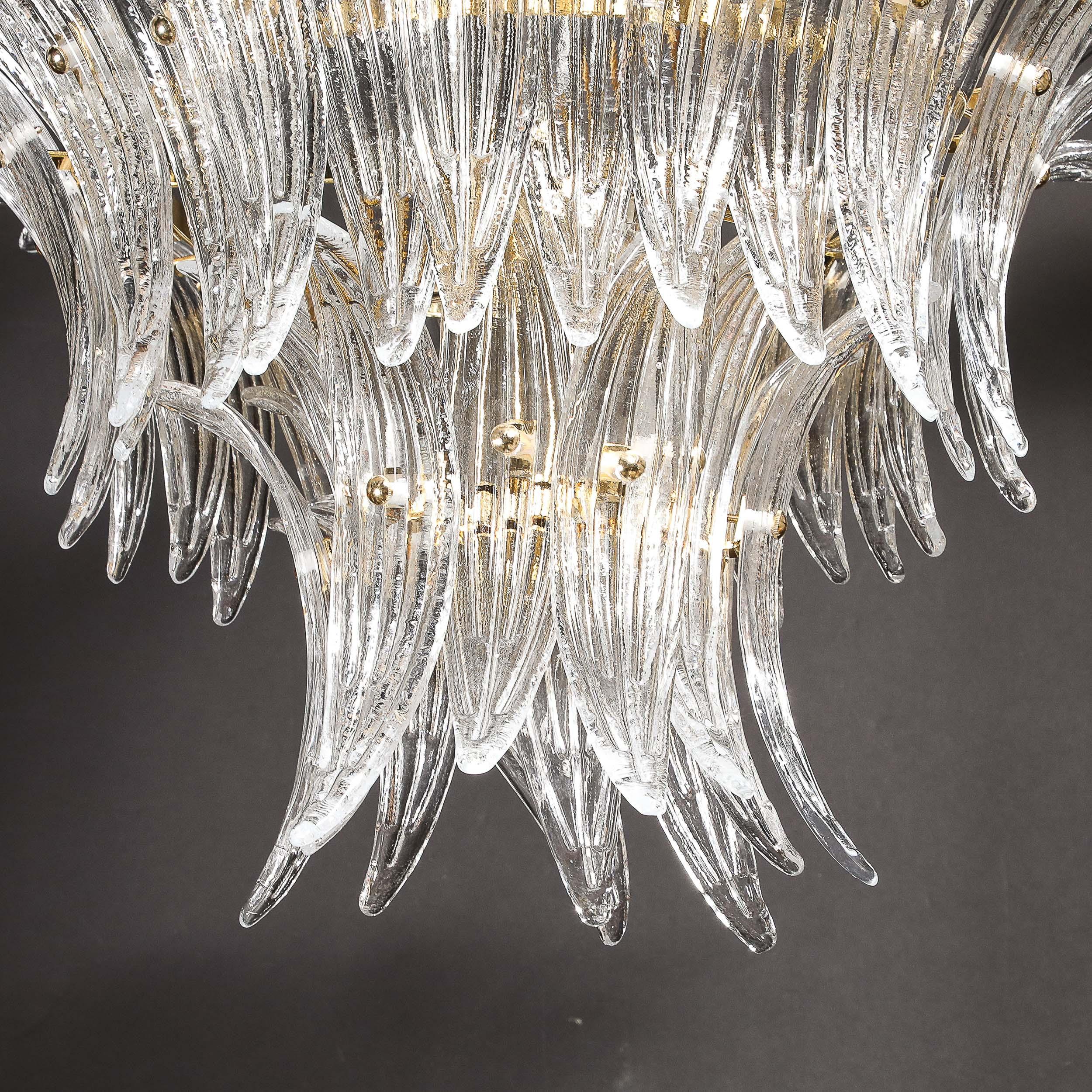 Moderno Lampadario Palma a tre piani in vetro di Murano trasparente soffiato a mano e finiture in ottone in vendita