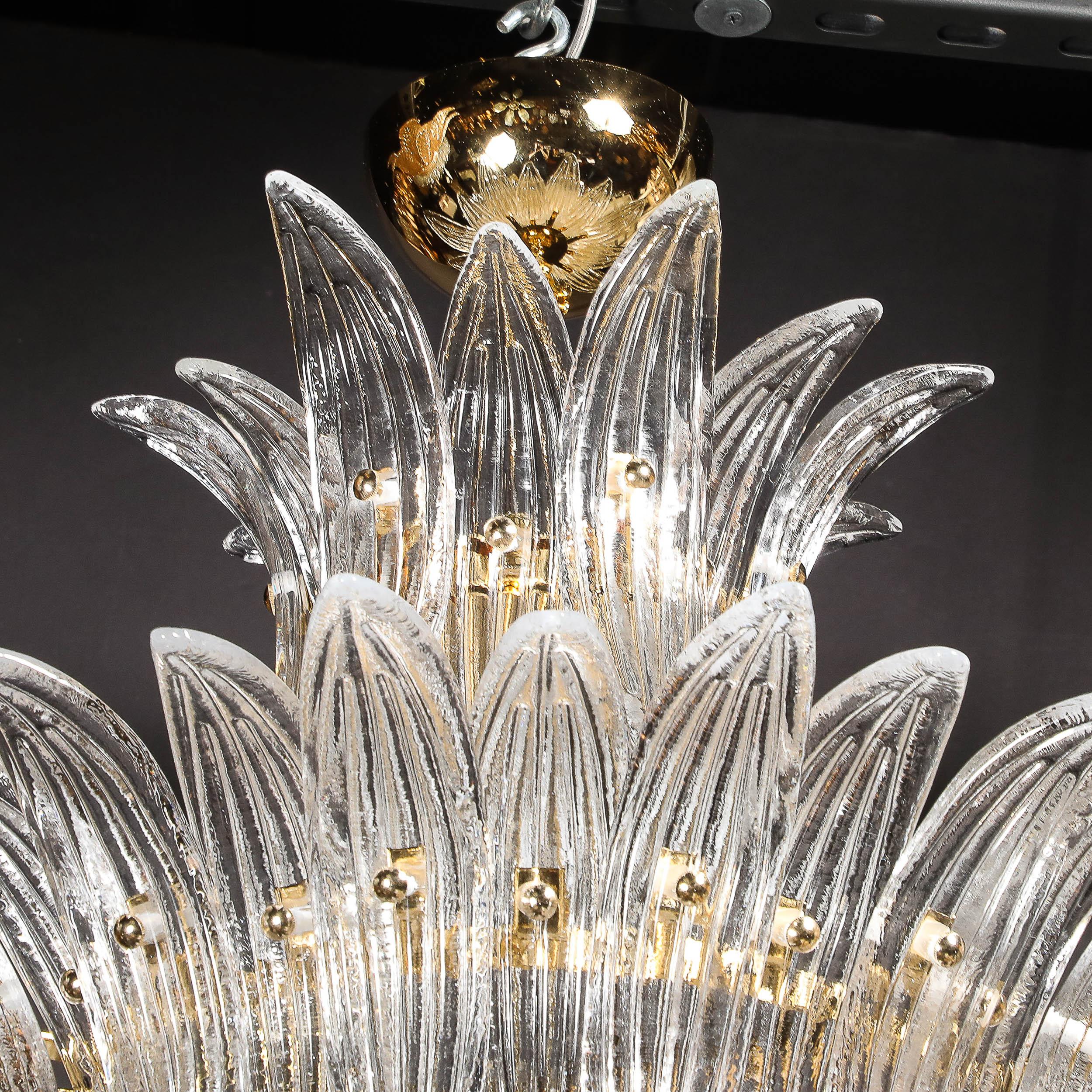 Ottone Lampadario Palma a tre piani in vetro di Murano trasparente soffiato a mano e finiture in ottone in vendita