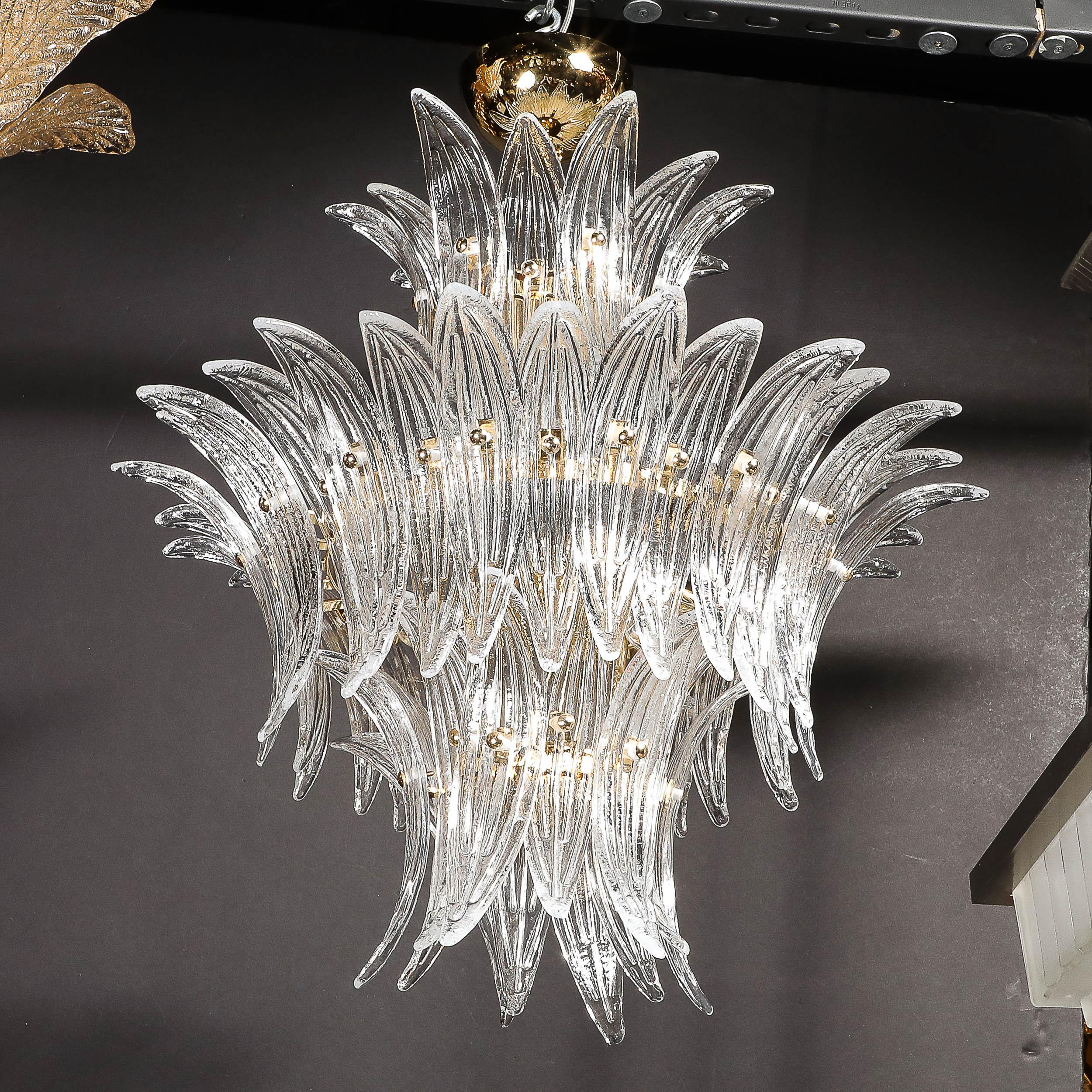 Lampadario Palma a tre piani in vetro di Murano trasparente soffiato a mano e finiture in ottone in vendita 1