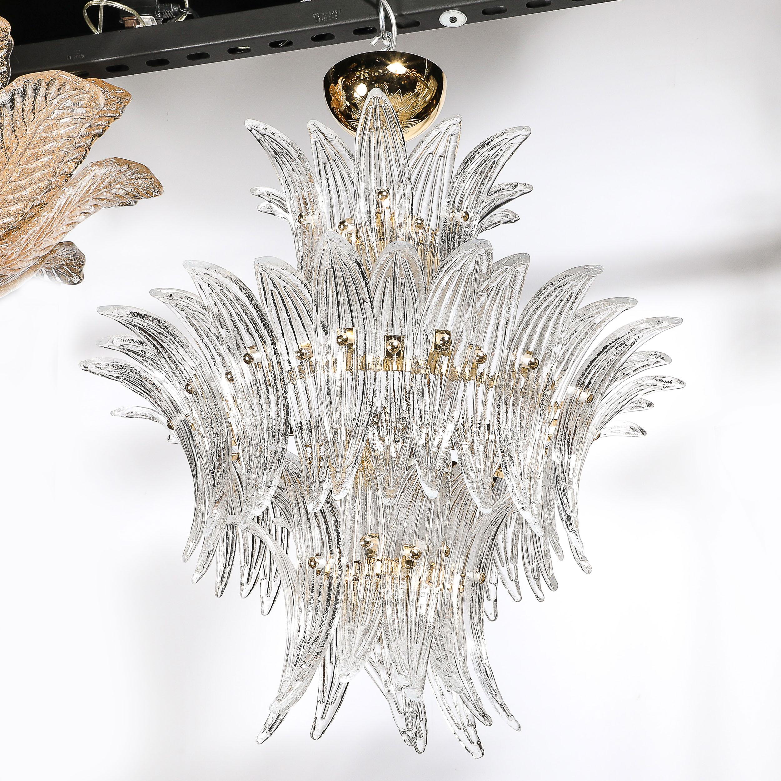 Lampadario Palma a tre piani in vetro di Murano trasparente soffiato a mano e finiture in ottone in vendita 2