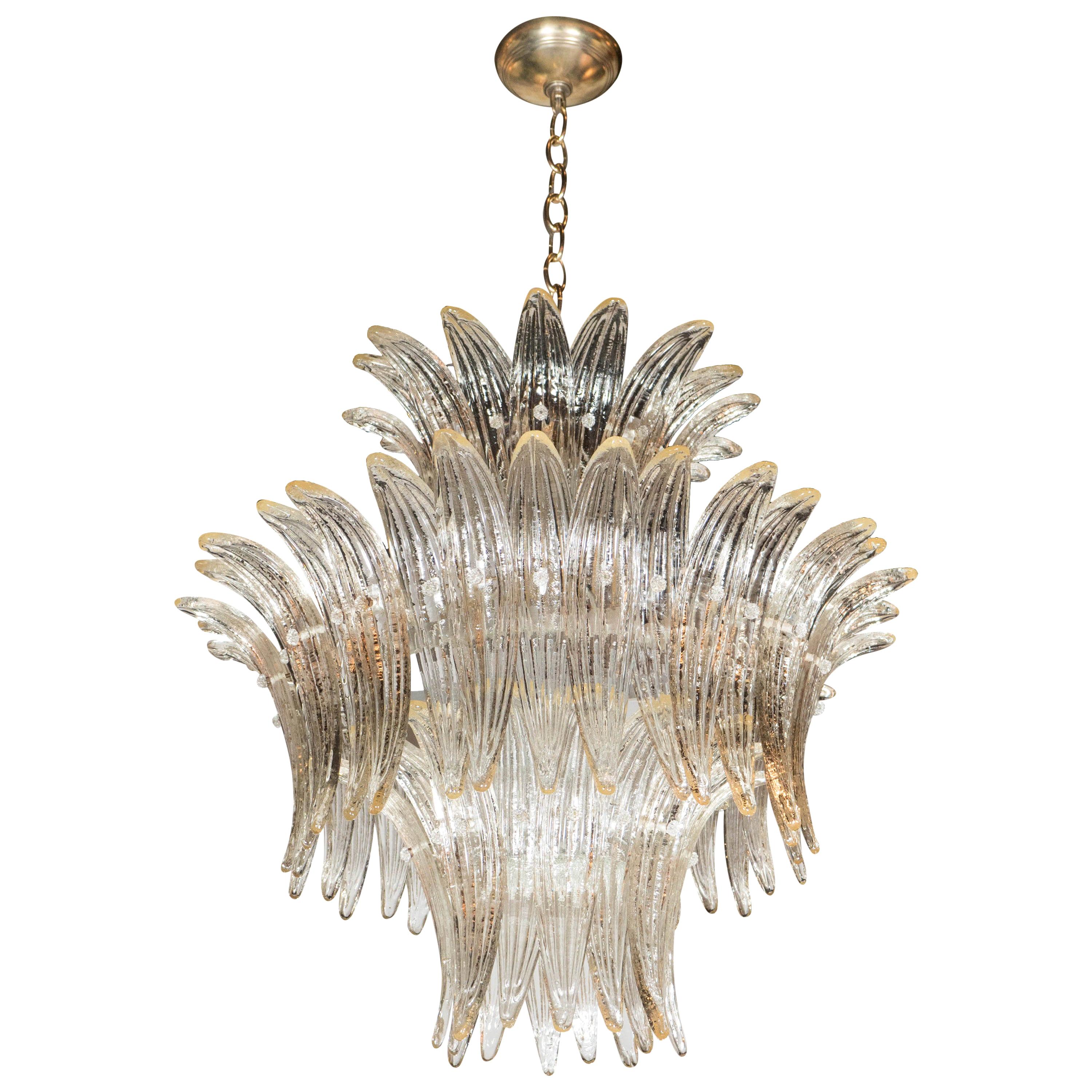 Three-Tier Palma Chandelier in Clear Hand Blown Murano Glass and Brass Fittings
