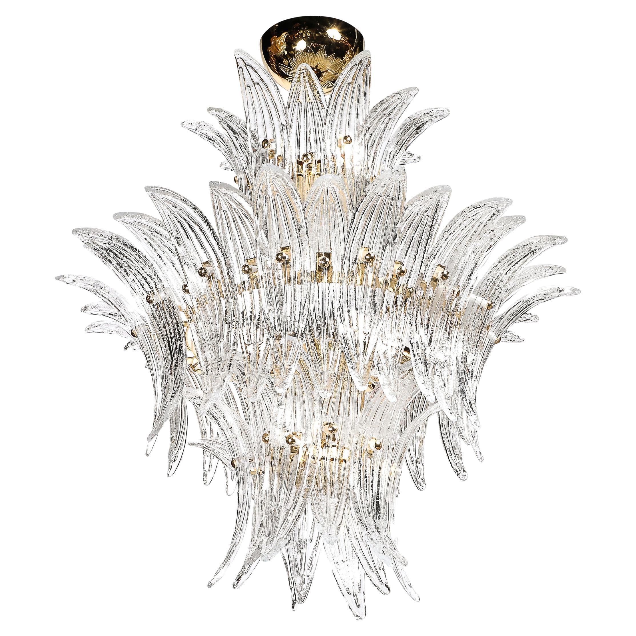Lampadario Palma a tre piani in vetro di Murano trasparente soffiato a mano e finiture in ottone in vendita