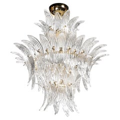 Lampadario Palma a tre piani in vetro di Murano trasparente soffiato a mano e finiture in ottone