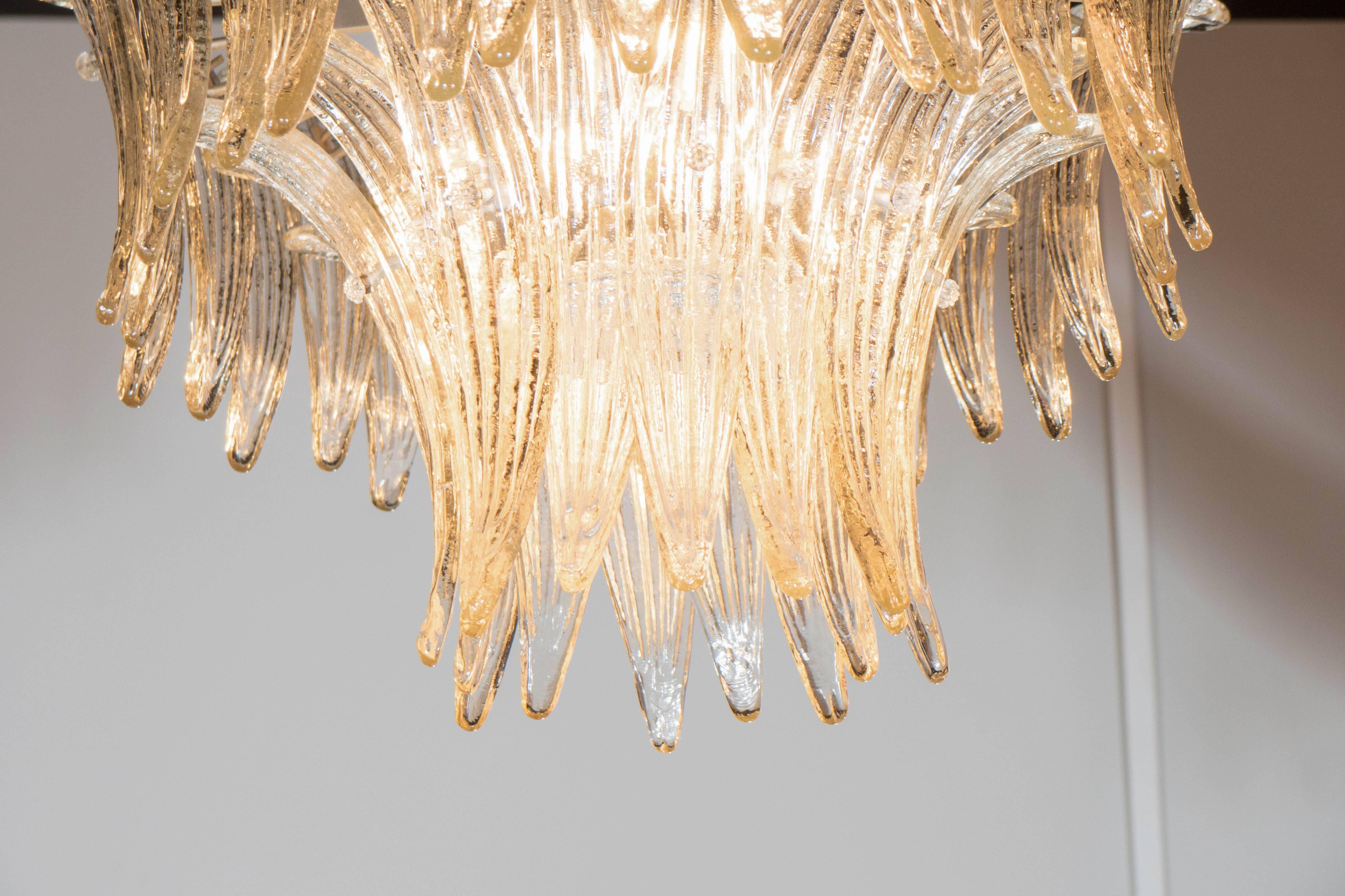 Mid-Century Modern Three-Tier Palma Chandelier in Clear Hand Blown Murano Glass and Brass Fittings