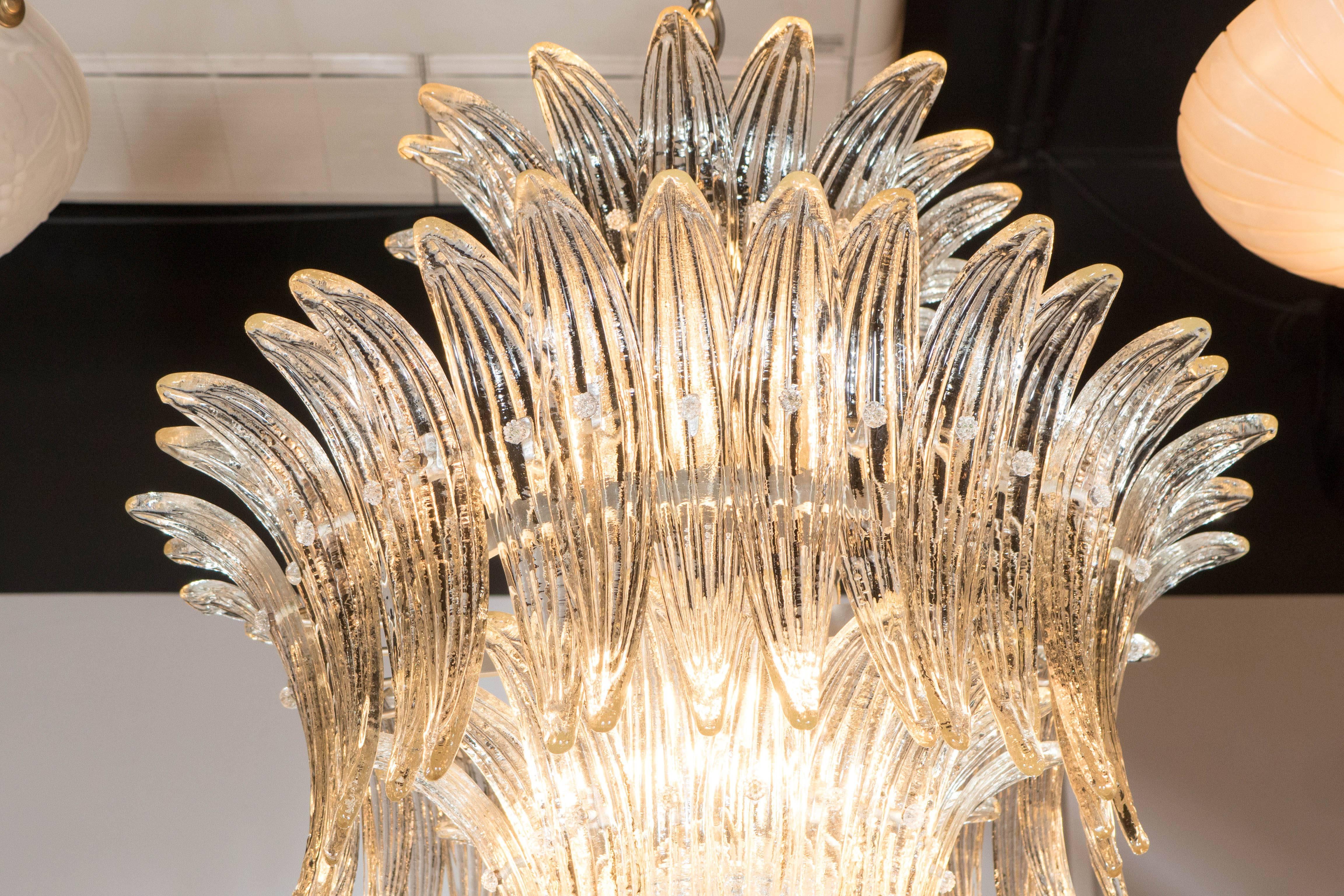 Italian Three-Tier Palma Chandelier in Clear Hand Blown Murano Glass and Brass Fittings