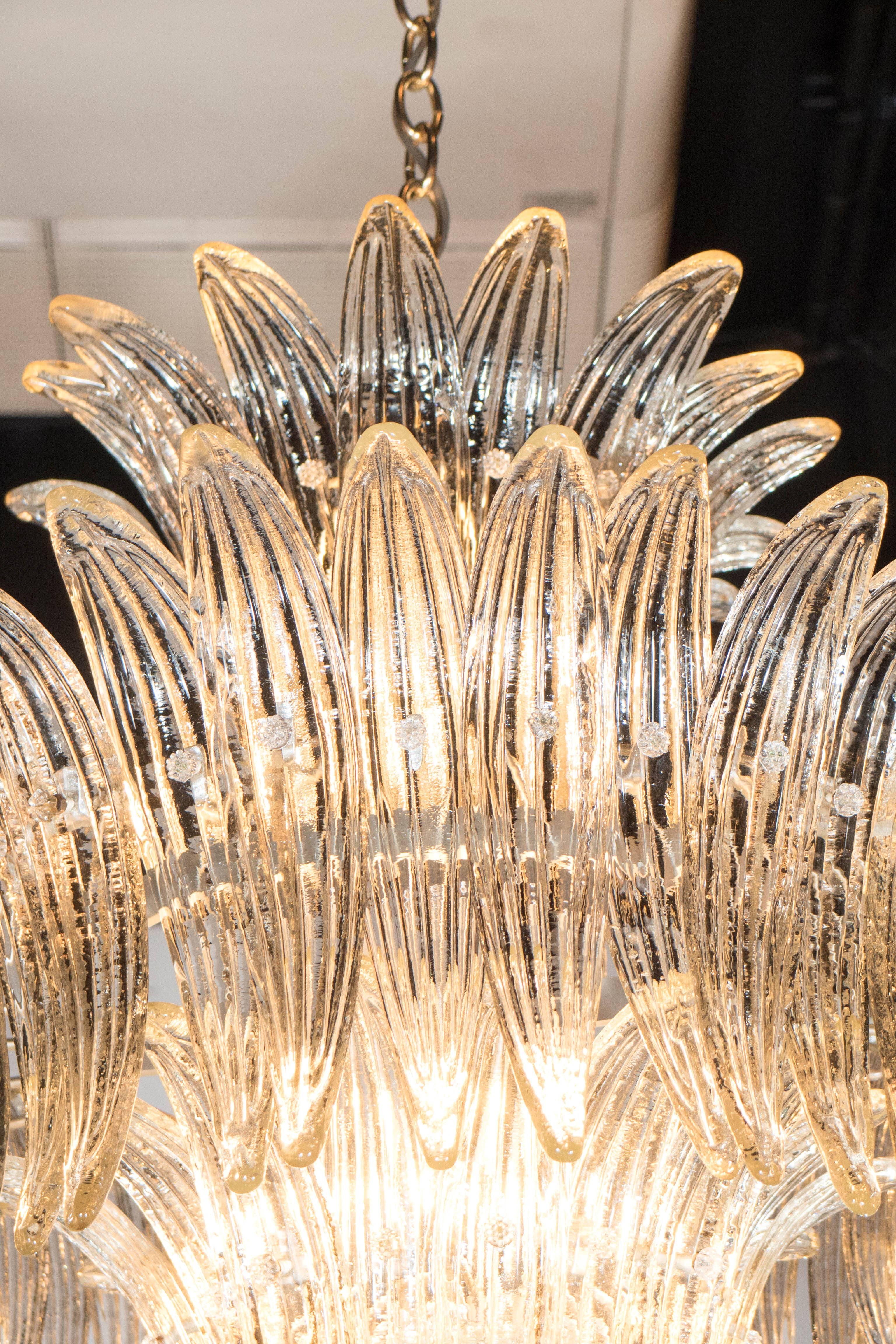 Contemporary Three-Tier Palma Chandelier in Clear Hand Blown Murano Glass and Brass Fittings