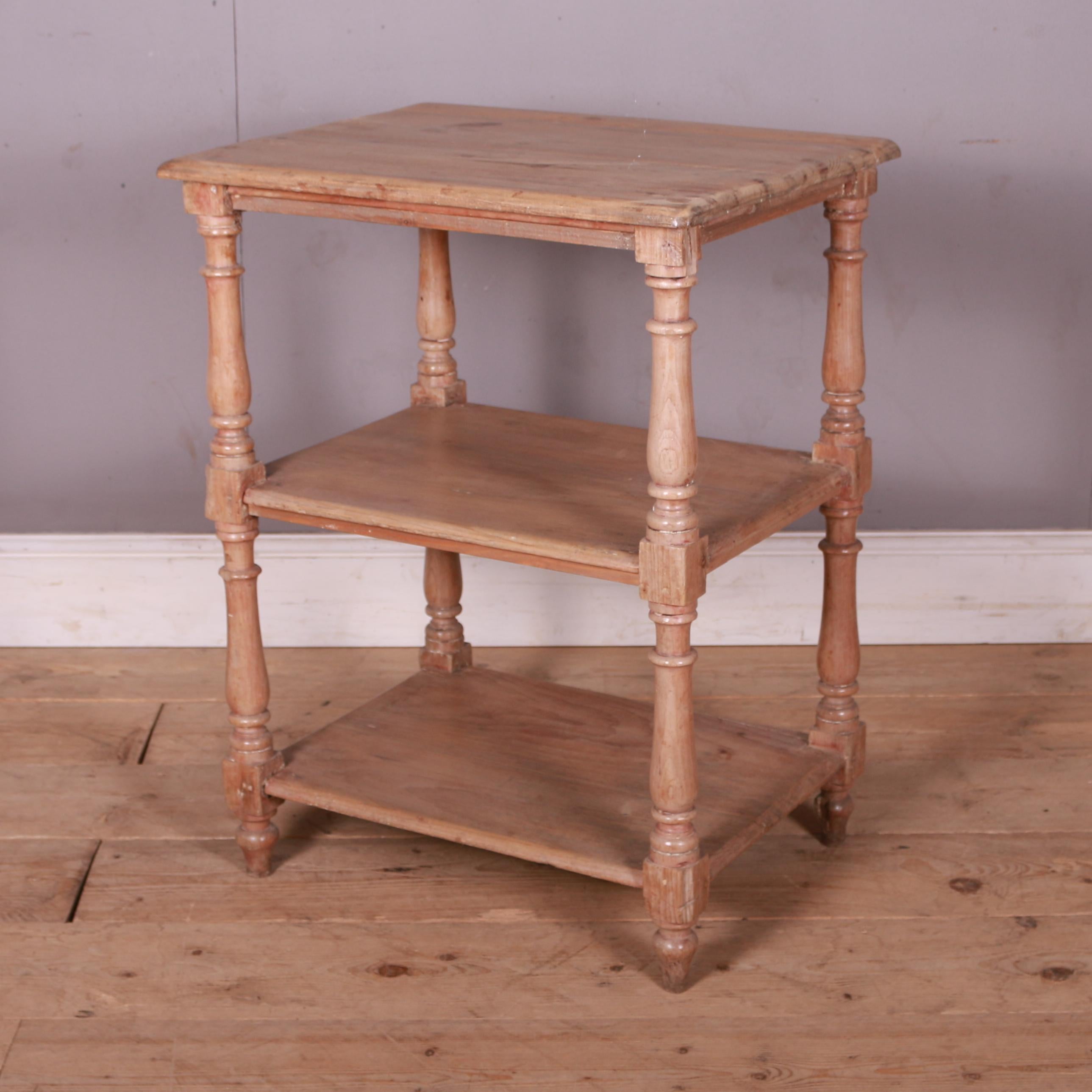 Small 19th c pine three tier whatnot / buffet. 1880.

Dimensions:
25.5 inches (65 cms) Wide
20.5 inches (52 cms) Deep
33.5 inches (85 cms) High.

 